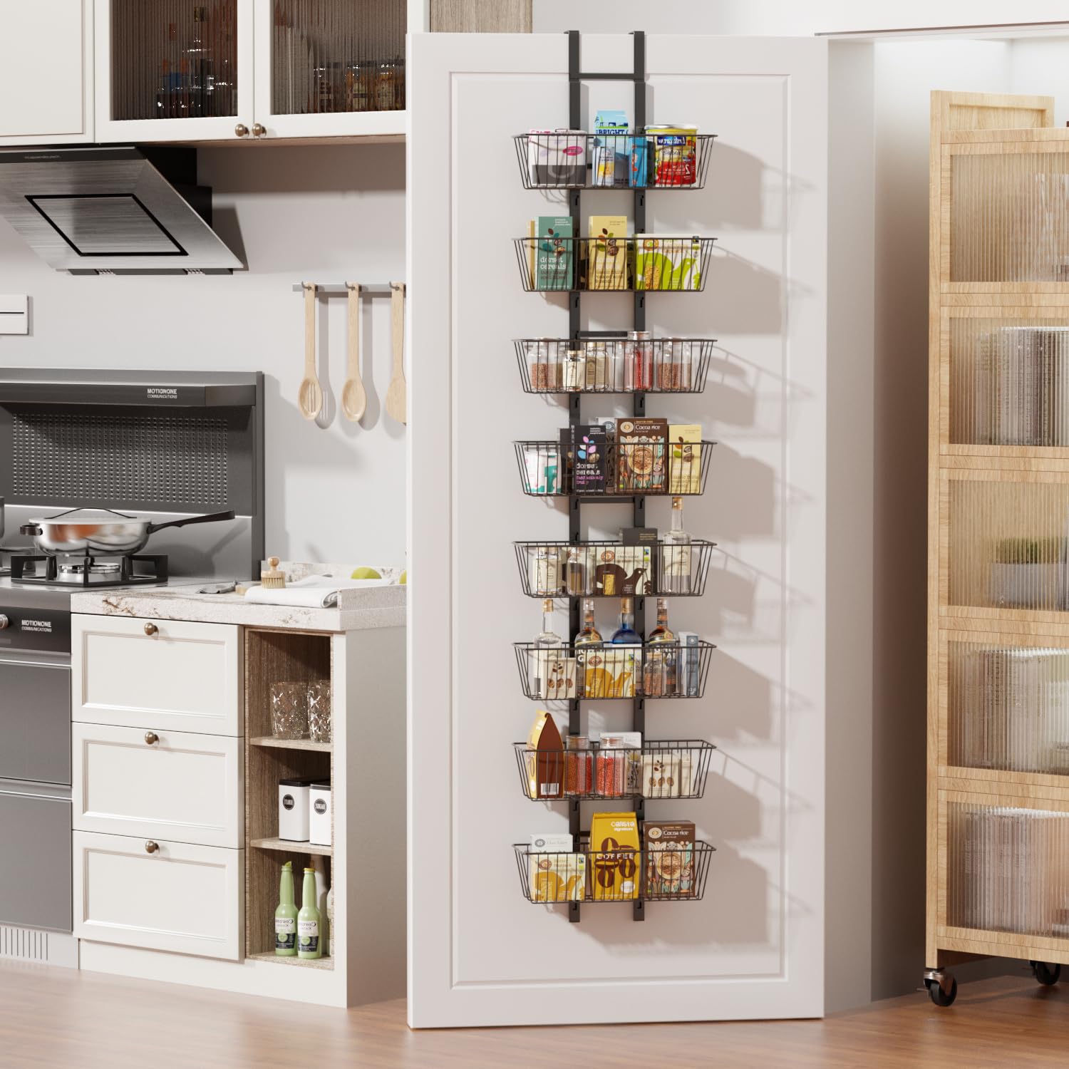 Vertical over-door storage rack maximizing small kitchen pantry space