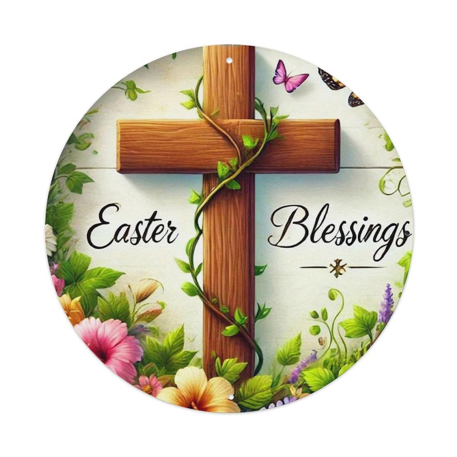 Easter Cross Floral Butterflies Blessings Retro Metal Sign Round Tin Sign, Vintage Decor Art Poster for Bar, Home, Man Cave, Kitchen, Laundry Room Gift 8x8Inch