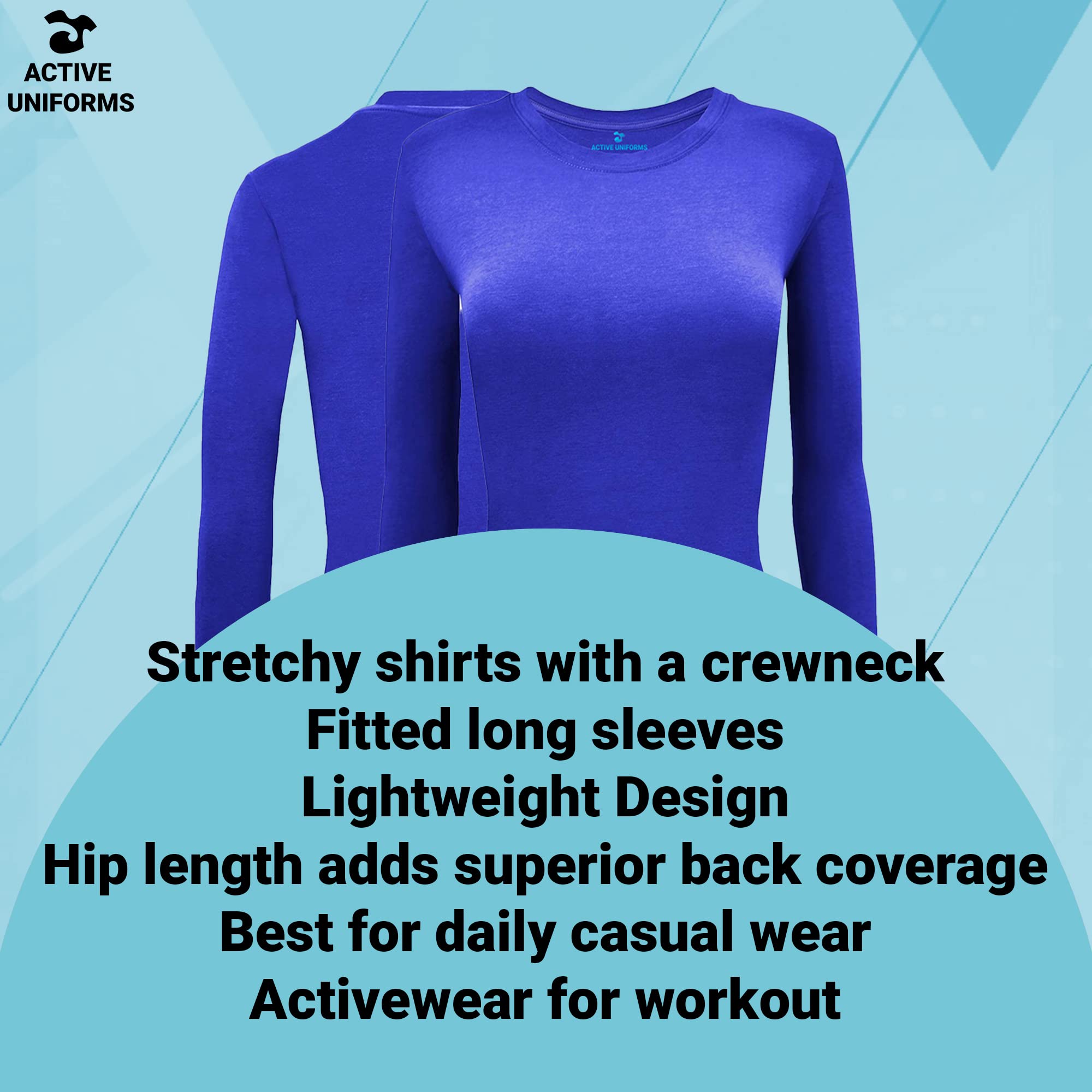 ACTIVE UNIFORMS Women's Under Scrub Tee Crew Neck Long Sleeve T-Shirt 3 - Pack (True Royal Blue, Small)