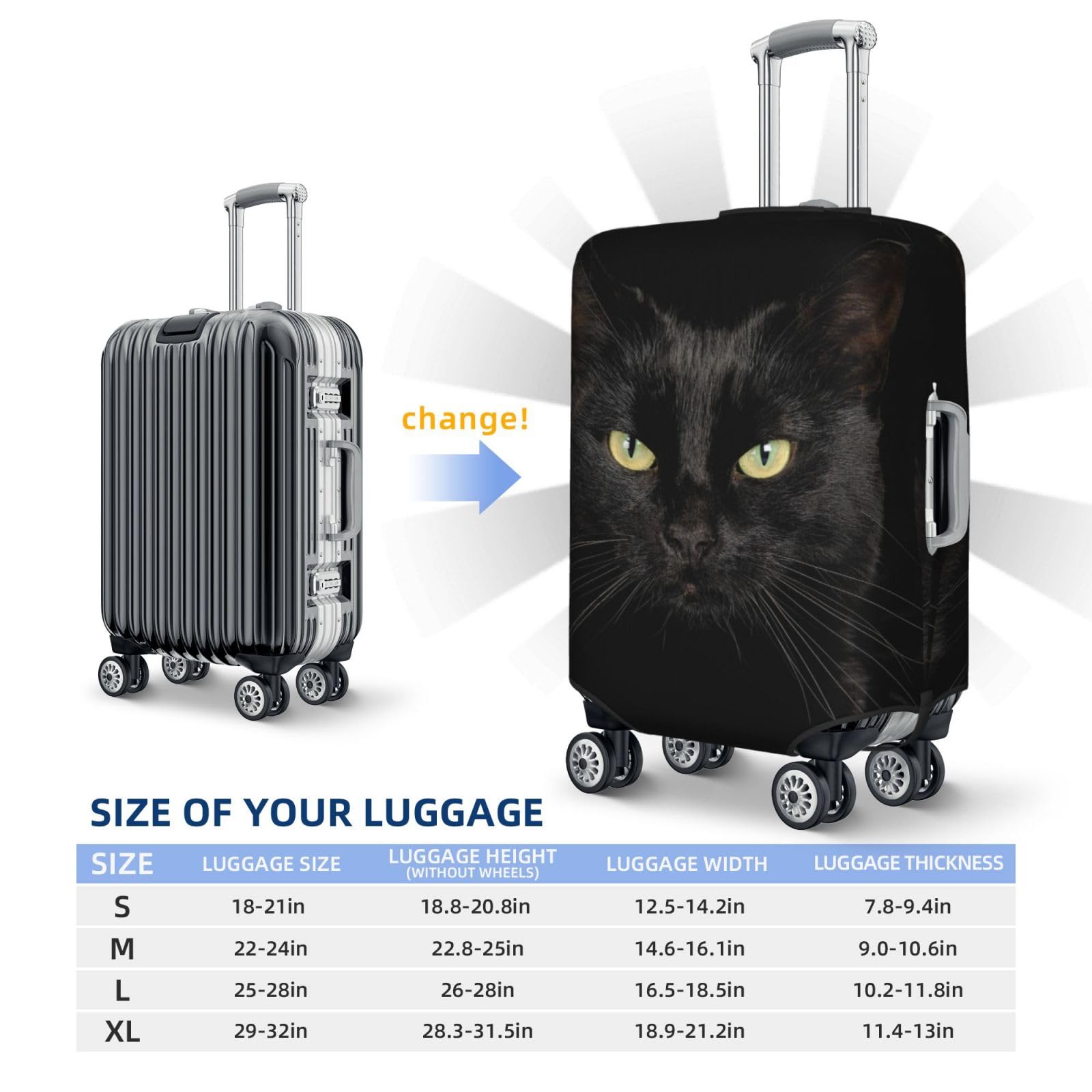 Cool Black Cat con gli occhi verdi copertura per bagagli elastico lavabile elasticizzato valigia da viaggio protezione antigraffio per bambini e adulti, Gatto, M, Per uso