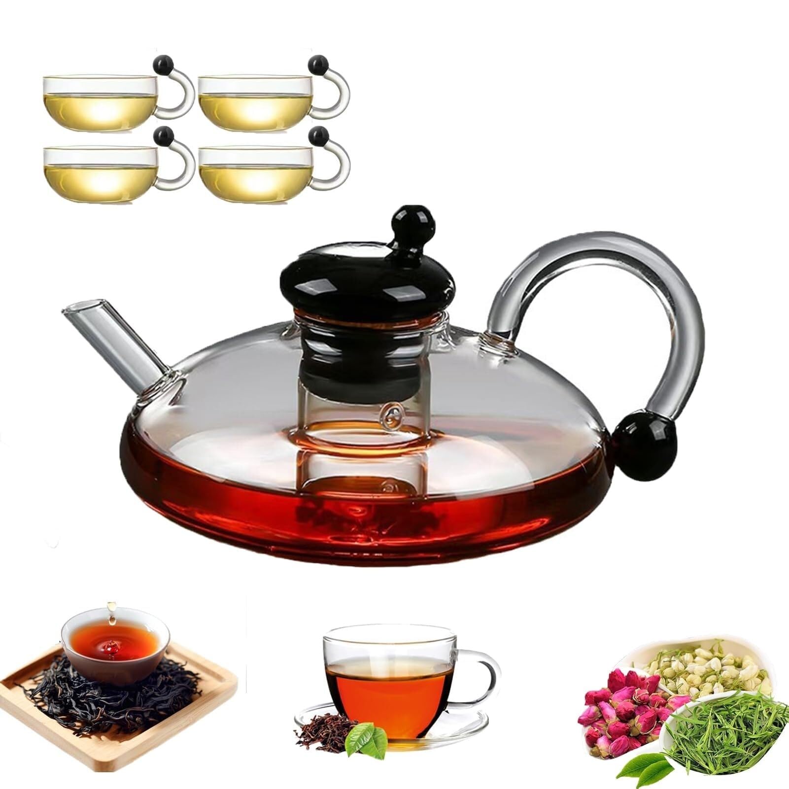 Szklany czajniczek filtrujący z zaparzaczem oddzielającym wodę do herbaty liściastej, łatwy w czyszczeniu(Clear+4cups)