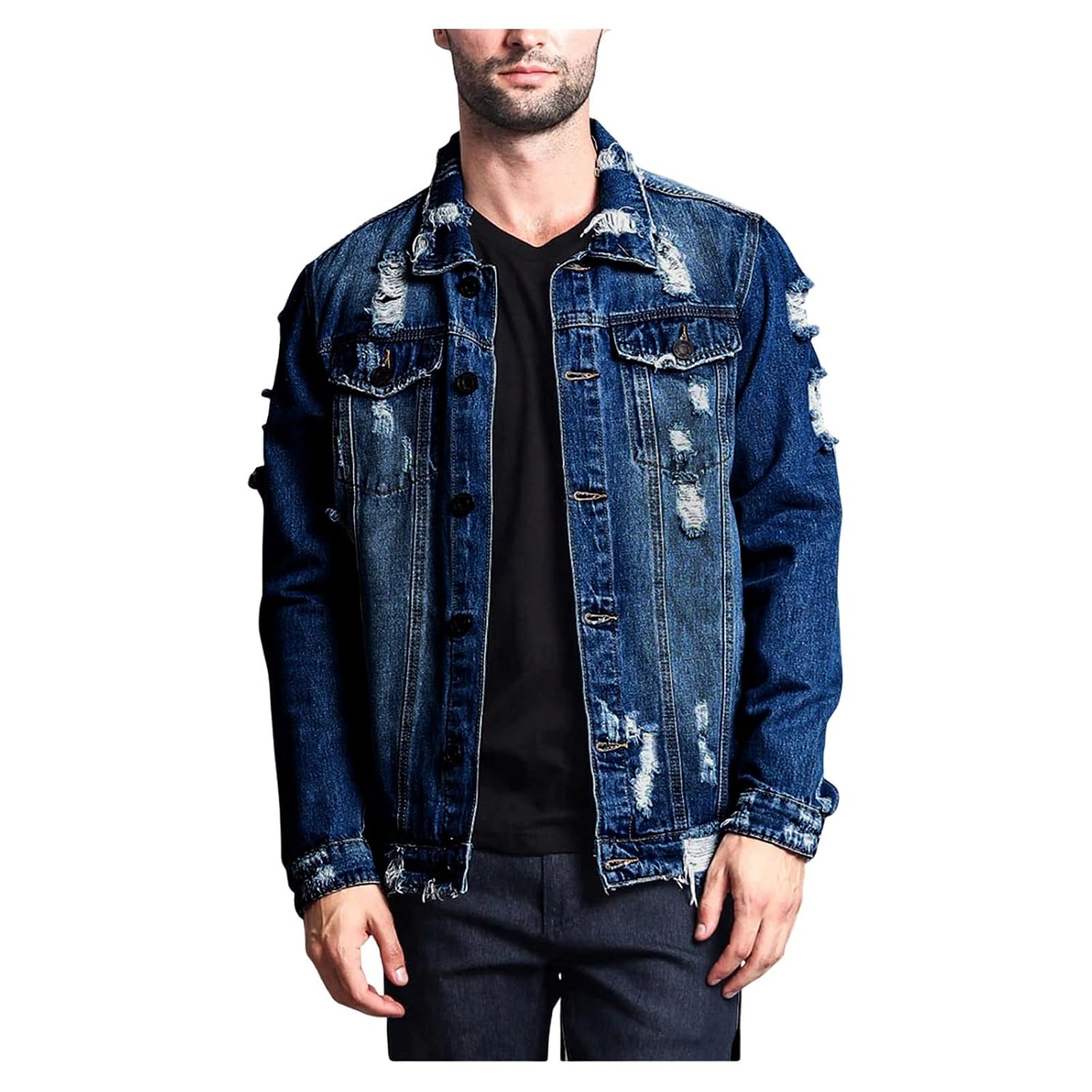 Jaqueta jeans masculina cor sólida rasgada com buracos desgastados casaco jeans casual streetwear