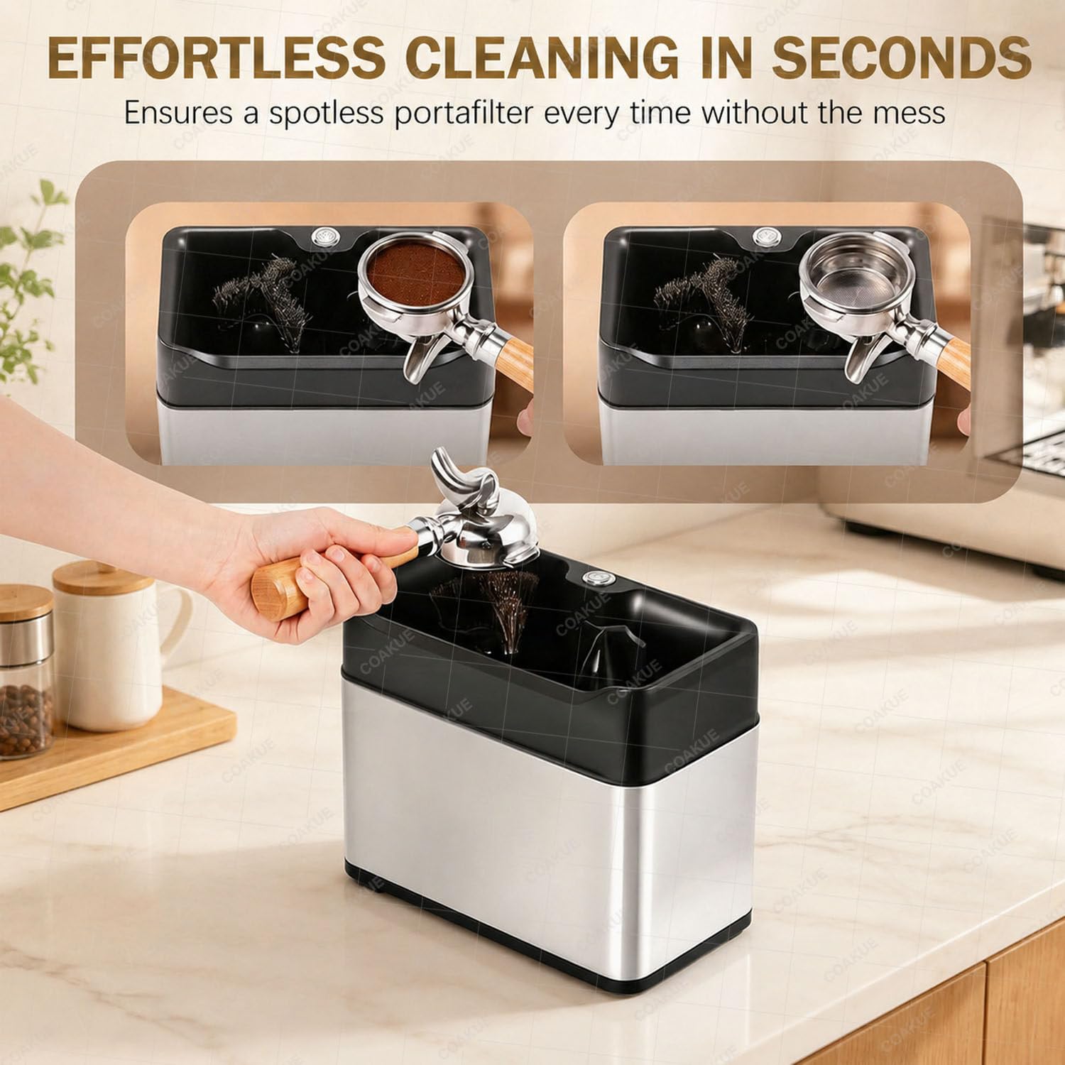 Limpiador eléctrico automático de portafiltros para cestas de 58 mm White | Combina la función de limpiador de pastillas de café espresso y de caja de golpeo, e incluye 2 cabezales de cepillo