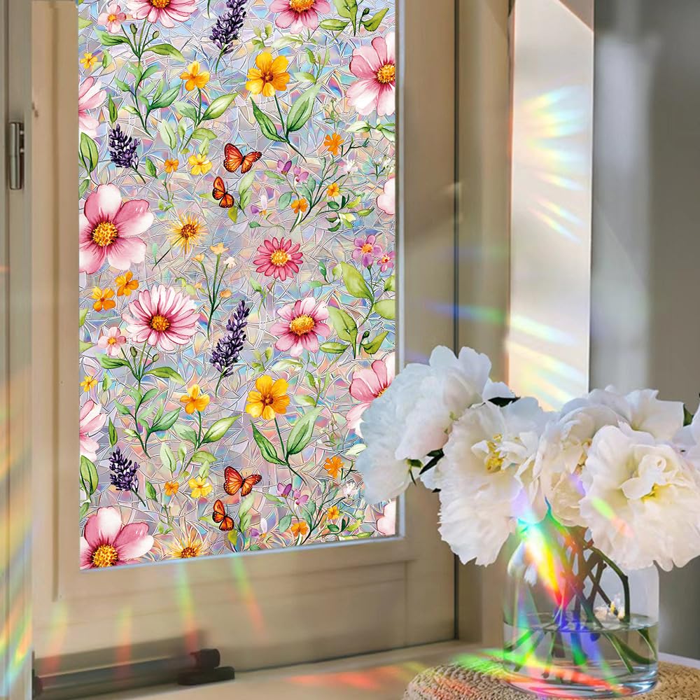 Ccuuhj Multicolor Floral Butterfly Window Privacy Film For Glass Windows, Decorative Stickers For Glass Privacy, Static Cling Rainbow Vinyl 45X90cm (Multicolor)