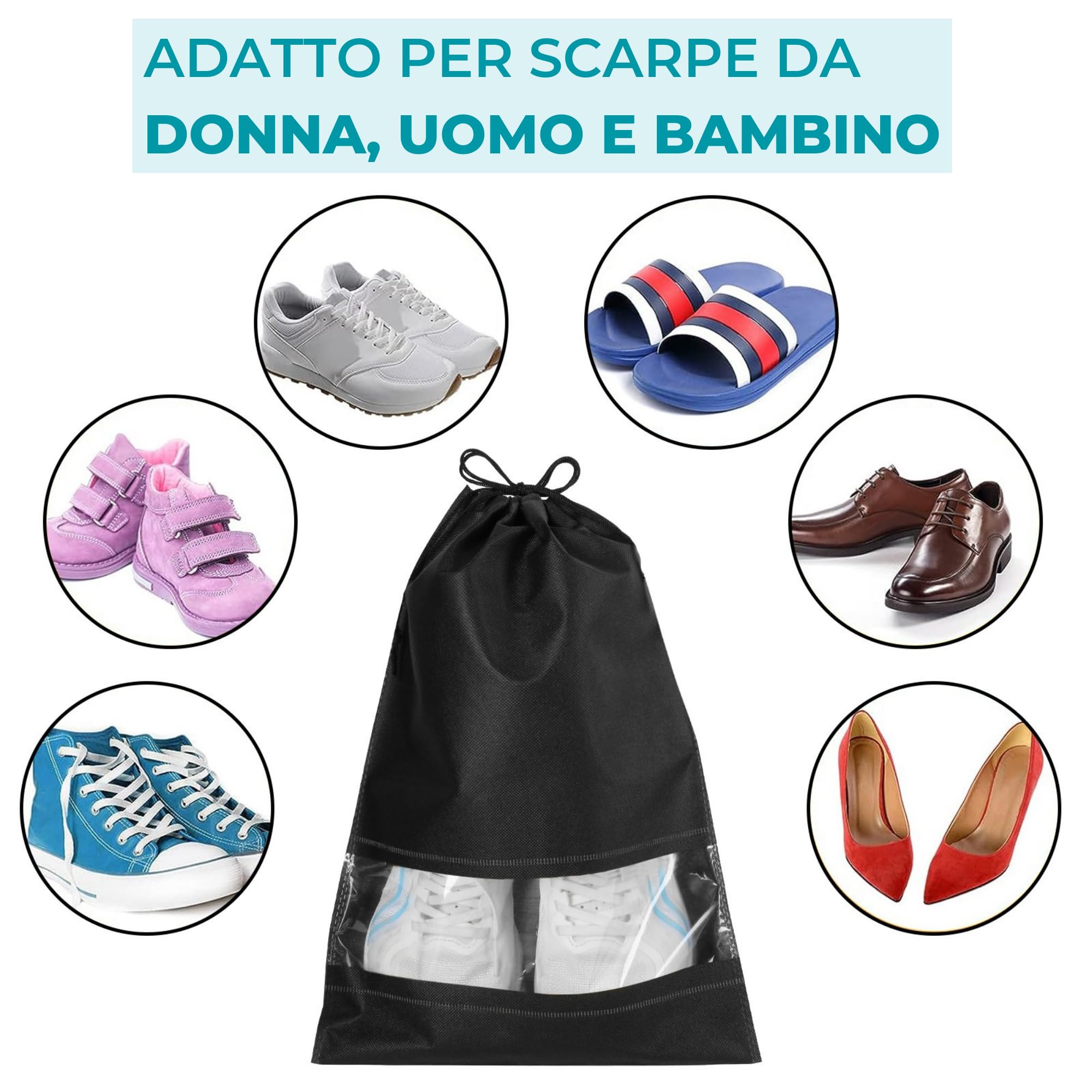 10 Borsa Scarpe da Viaggio, Sacchetti per Calzature con Coulisse e Finestrella Trasparente, Impermeabile Grande Organizzatore Portatile per Stoccaggio Scarpe per Scarpe da Uomo e da Donna