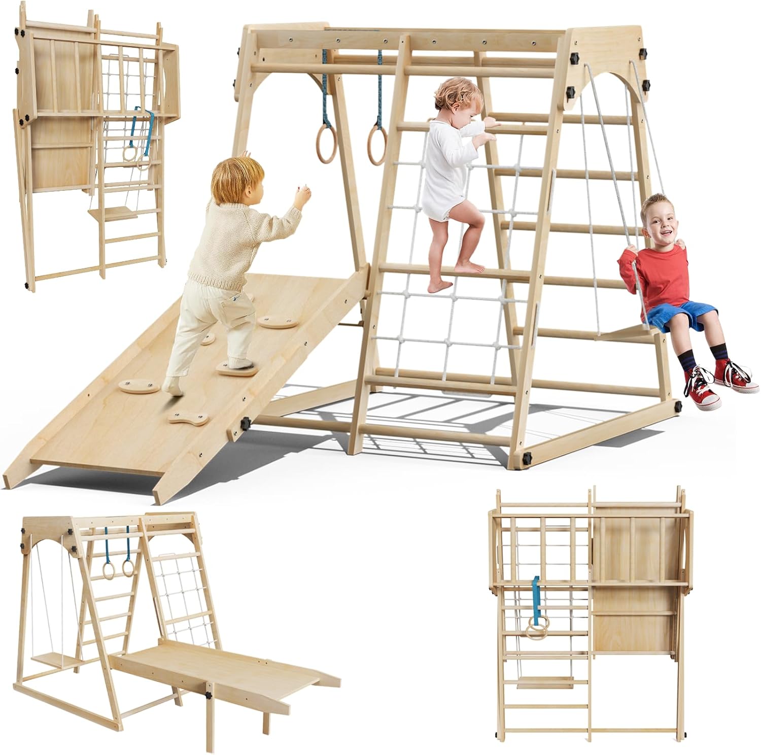 Foldable Indoor Jungle Gym for Toddlers, 8-in-1 Montessori Indoor Toddler Climbing Playset, Space-Saving Toddler Indoor Playground with Slide/Climbing, Play Table/Net, Monkey Bars, Swing,Hanging Ring