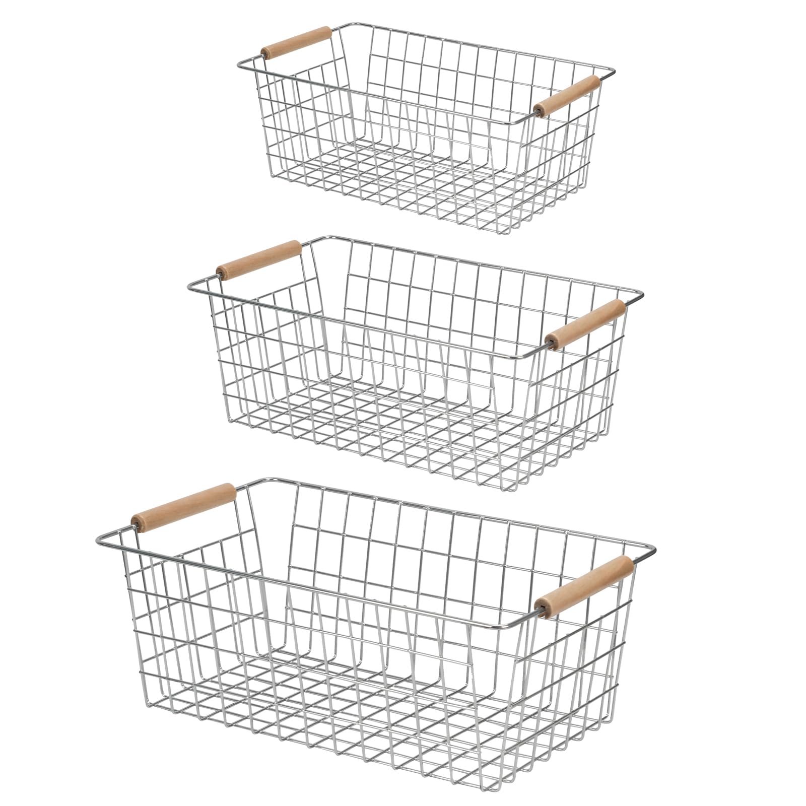 Metal Wire Storage Baskets with Wooden Handles - Set of 3 Heavy Duty Ventilated Storage Organizer Bins for Kitchen, Pantry, Bathroom and Cabinet, Silver (1 Small, 1 Medium, 1 Large)