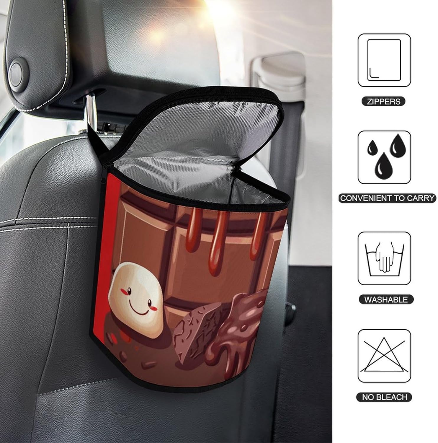 Hanging Car Trash Bag Protable Trash Can Cartoon Chocolate Waterproof Garbage Bin for Car