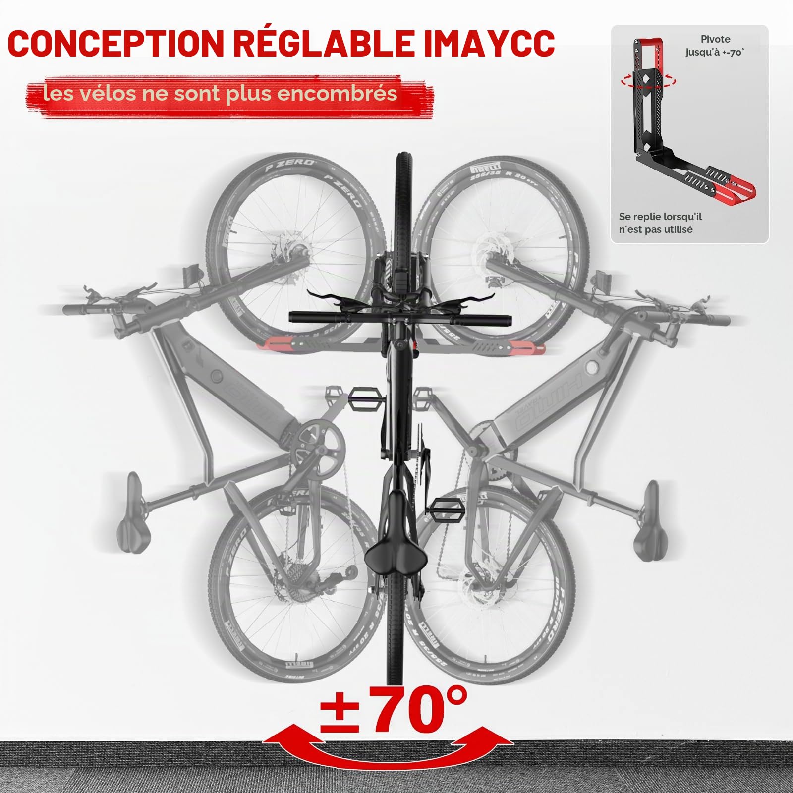 IMAYCC Support mural Professionnel Pivotant pour Vélo, sans Levage Lourd, Peu Encombrant pour le Garage, Facile à Accrocher et à Enlever, Peut Supporter Jusqu'à 40 kg (Noir-Rouge, 1 pièce)