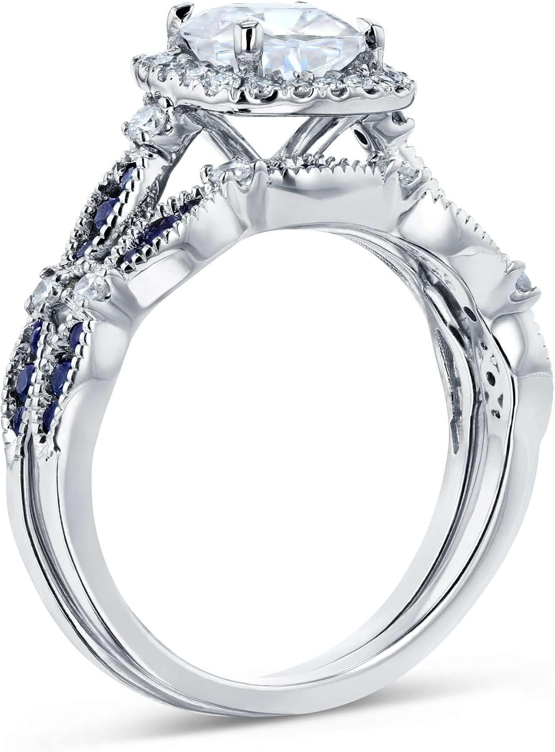 Kobelli Round Moissanite and Blue Sapphire Bridal Set (GH/VS)