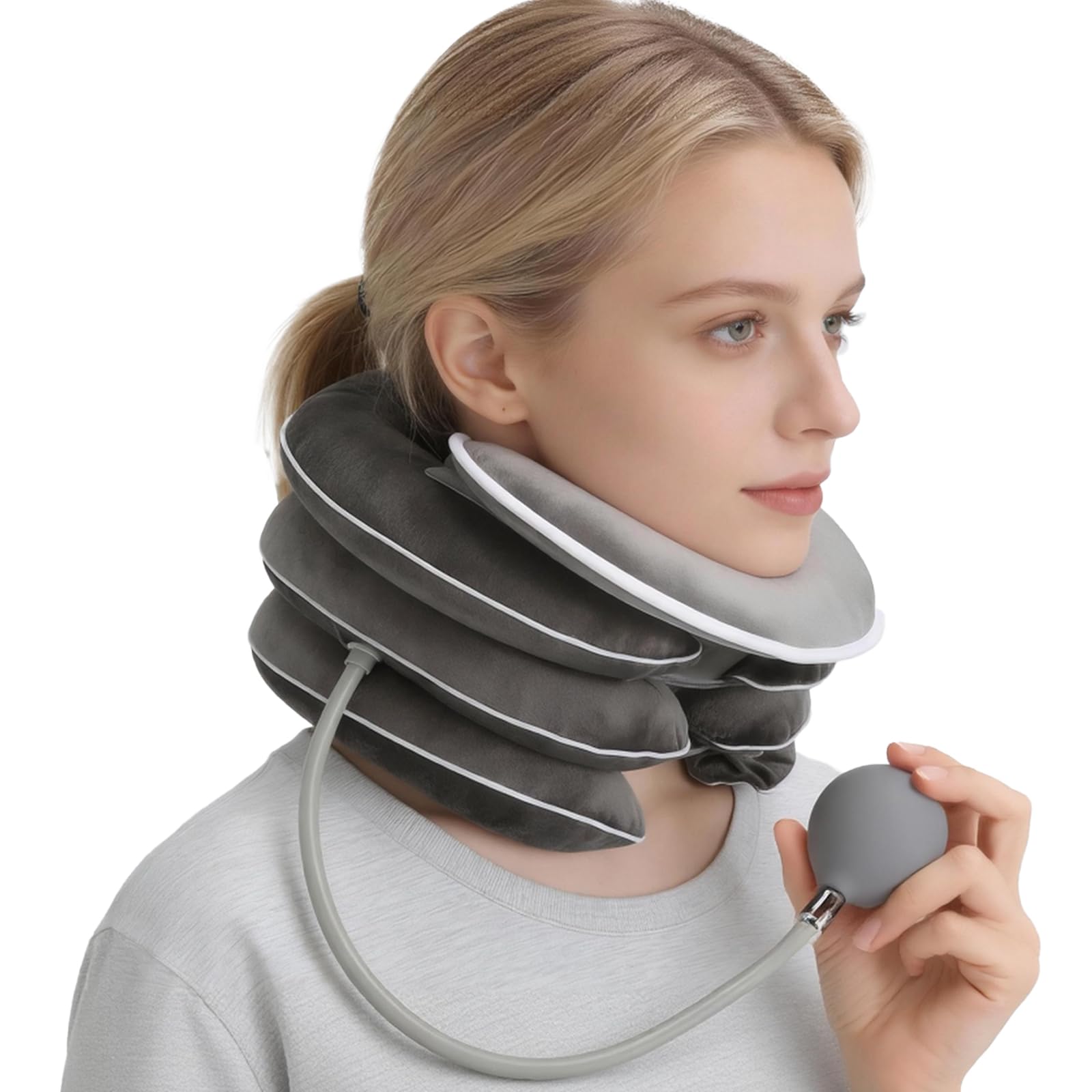 Coussin de nuque gonflable pour traction cervicale avec design d'étirement à 3 couches et design de soutien du menton, Coussin de nuque ergonomique portable avec pompe à air