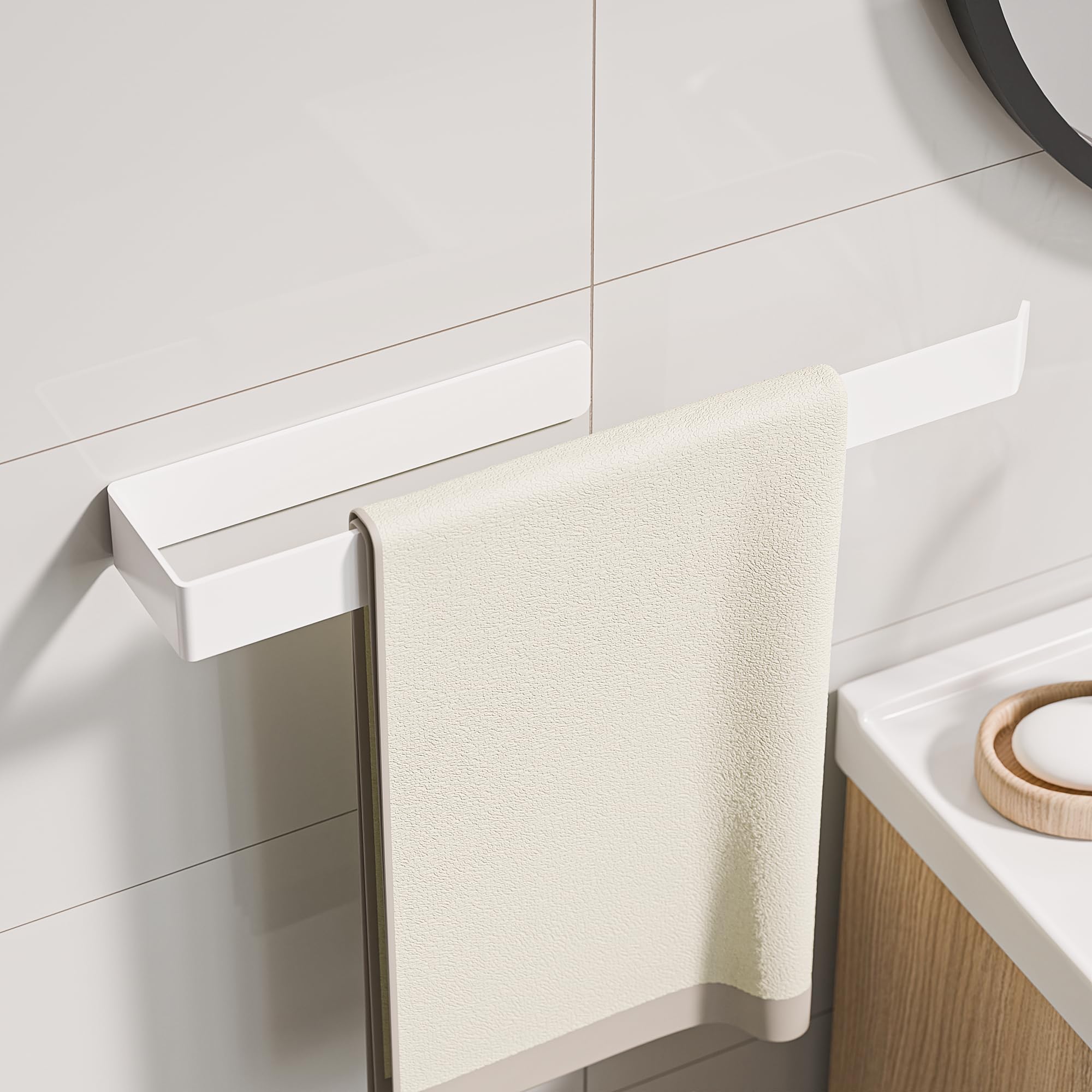 Aikzik Portasciugamani senza foratura, in alluminio, completamente in metallo, da incollare, per bagno e cucina, bianco (32 cm)