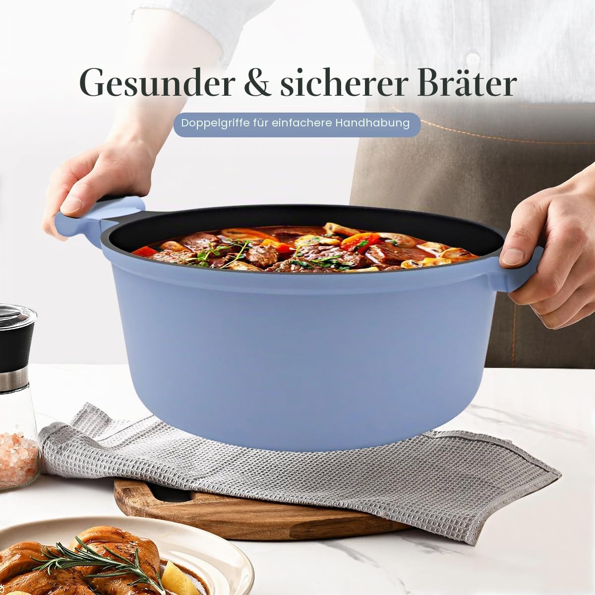 7L Suppentopf 28 cm mit Aluminium Deckel, Leicht und Langlebig, Antihaft-Kochtopf mit kühl bleibendem Griff, PFOA-frei- Blau