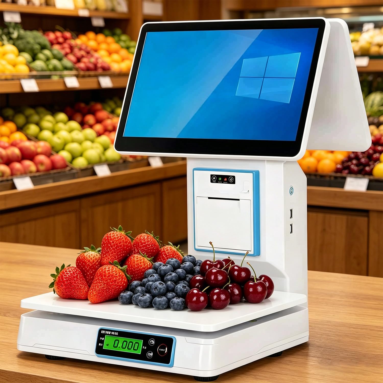 Registratore di Cassa POS e pesatrice Multifunzione con Touchscreen Intelligente, Stampante Termica da 58 mm Integrata, cassetto per Contanti, Scanner Portatile e 20 Rotoli di Carta Dualscreen