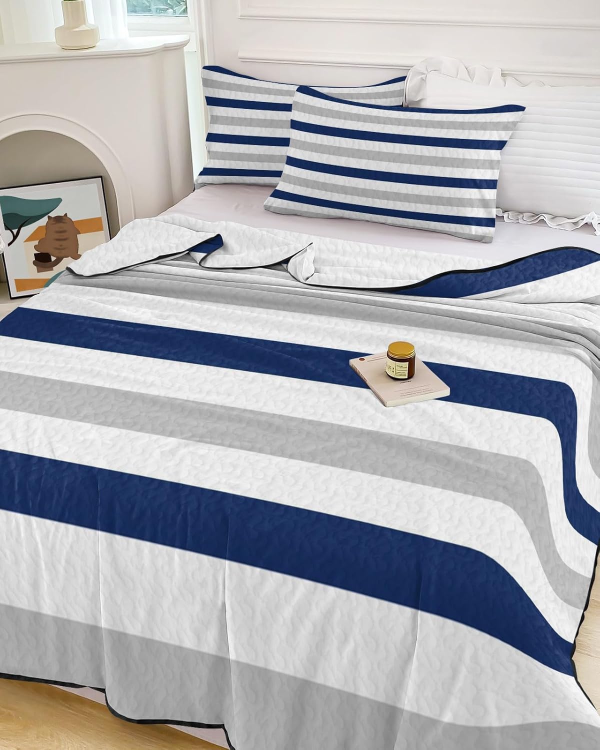Queen Size Quilt Set, Blue Grey Striped Lightweight Bedspread Coverlet Set Soft Microfiber Summer Quilt with 2 Pillow Shams, Country Geometric Line 3 Piece Comforter Bedding Set