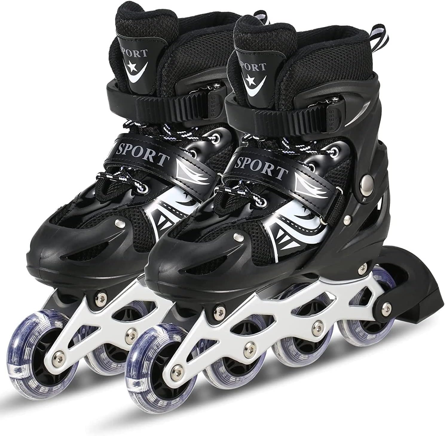 MILITO Skating Inline Set Skating Super High Adjustable Shoes 4 Wheeler Aluminum Body LED Flash Light for Boys and Girls (Multi Colors) (Black)