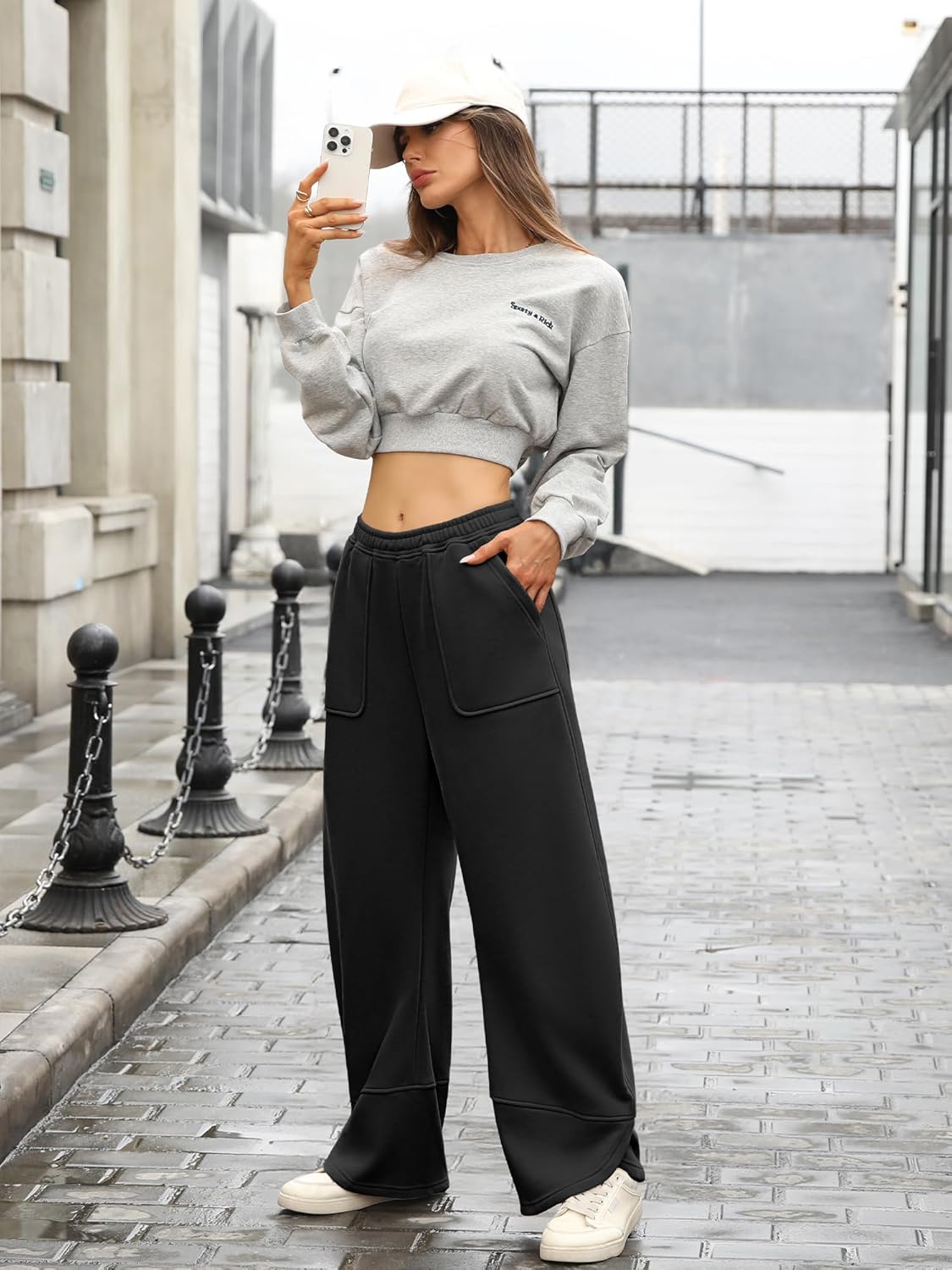 ELLEVEN Womens Fleece Lined Barrel Sweatpants – Low Rise Thermal Lounge Pants, Baggy Wide Leg with Large Pockets - Image 4