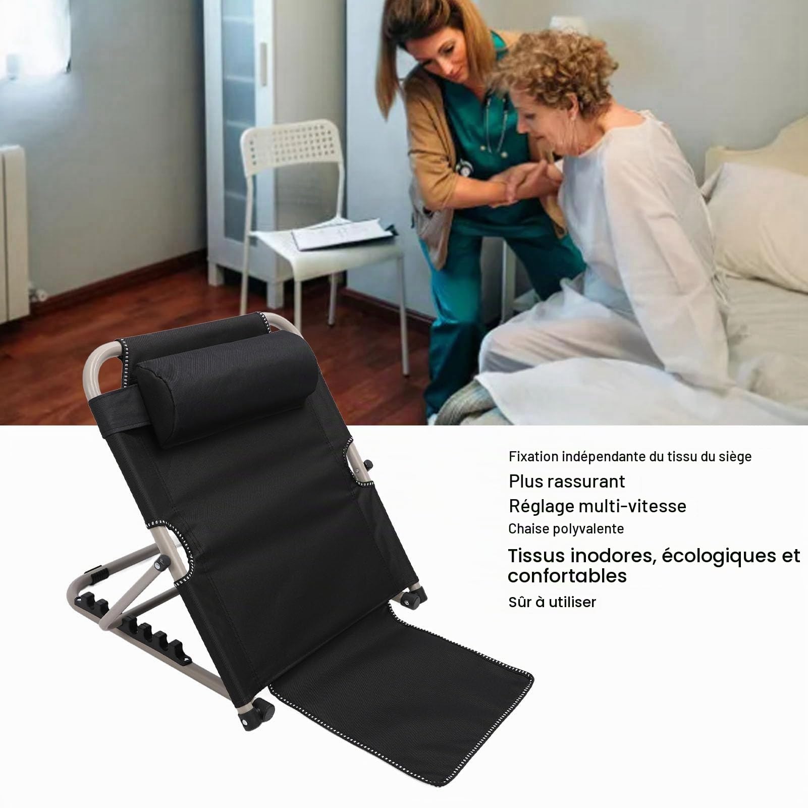 ZJchao Dossier de Levage de Puissance Réglable Dossier de Lit de Repos Pliant Portable Repos avec Un Réglage de l'angle à 6 Positions et Une Base Non Glissante pour Les Soins à (Black)