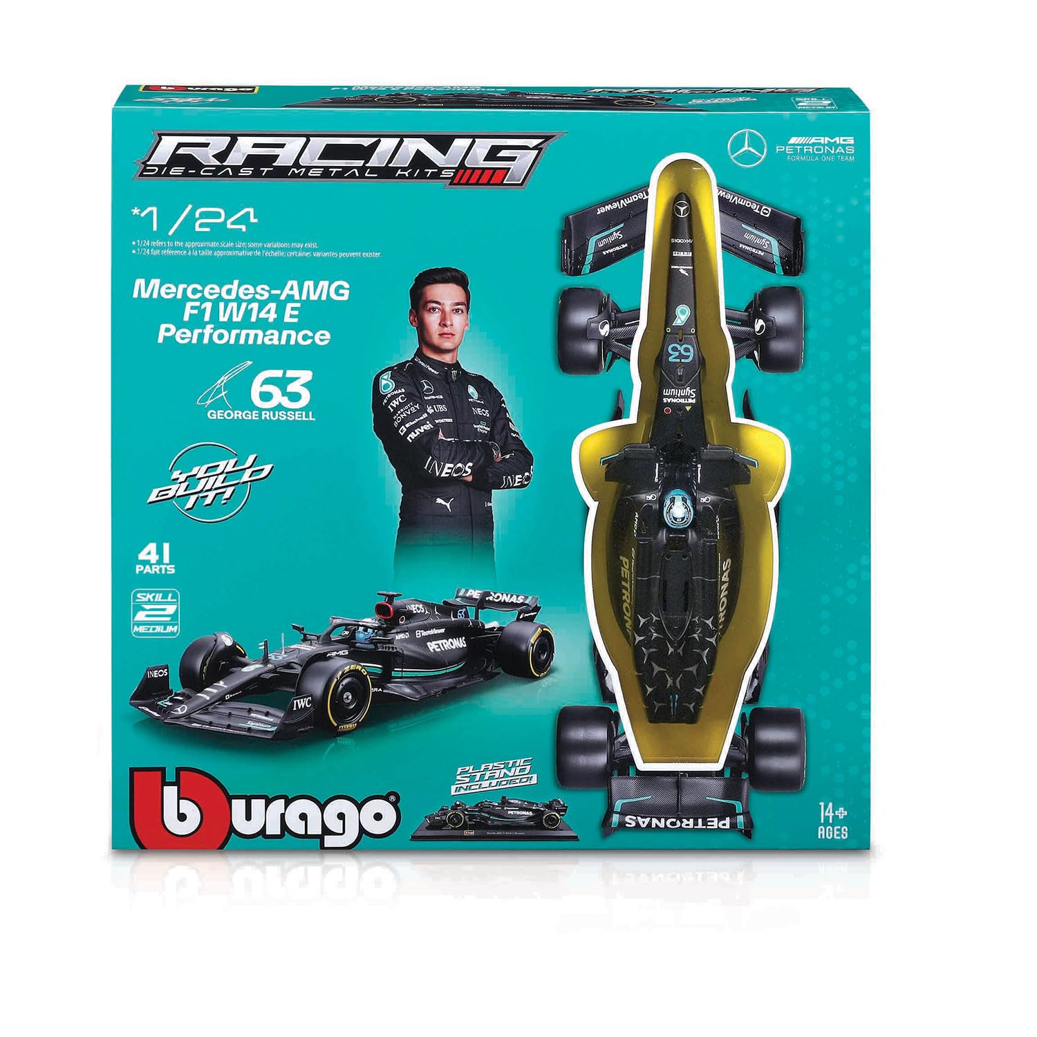 Bburago Formel 1 KIT Mercedes AMG W14E (2023): Modellauto Bausatz im Maßstab 1:24, 44-teilig, von Fahrer #44 Lewis Hamilton, Window Box, 27cm, schwarz (18-28506)