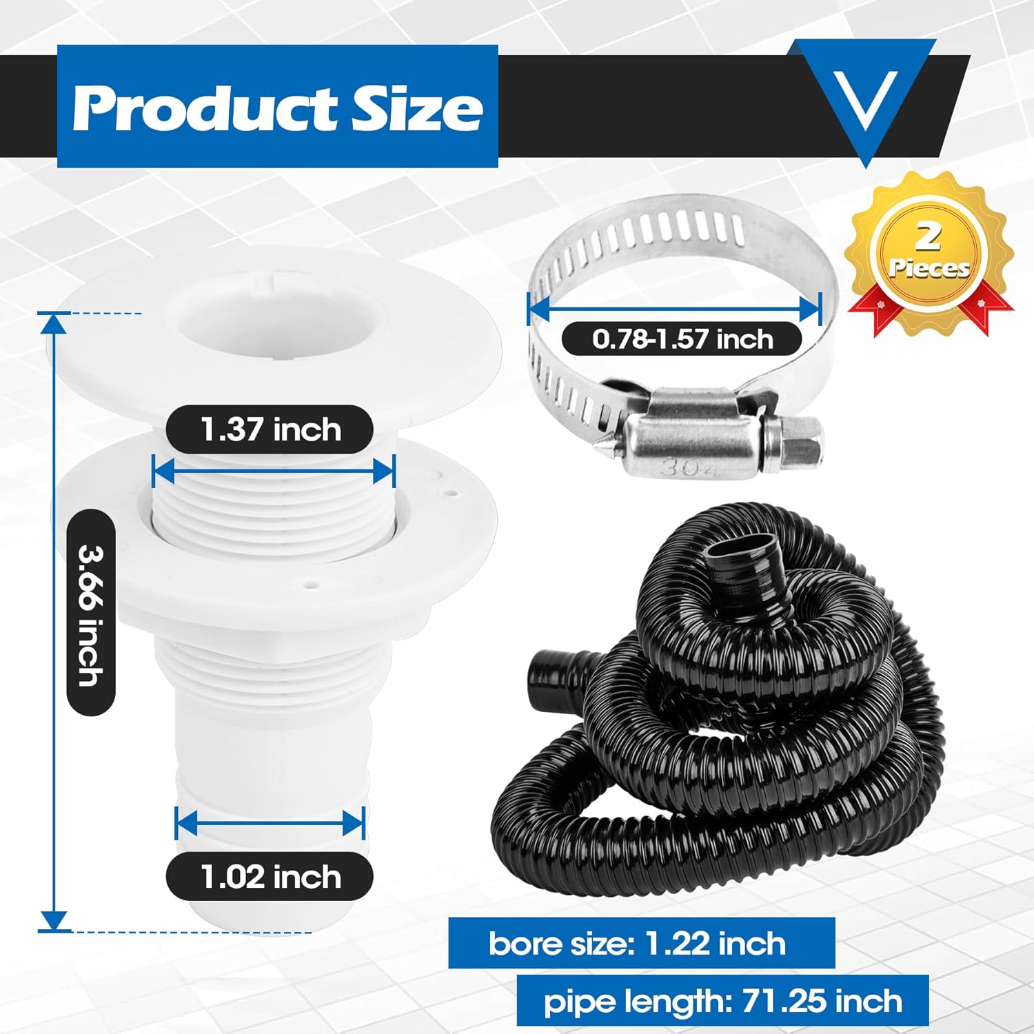 Non-automatic 0.98 Inch Bilge Pump kit for Boats, 12V 1100GPH Bilge Pumps with 6 ft/1.8 meters Bilge Pump Hose, 2pcs Stainless Steel Clamps and Thru Hull Fitting, for Speedboats,Yachts