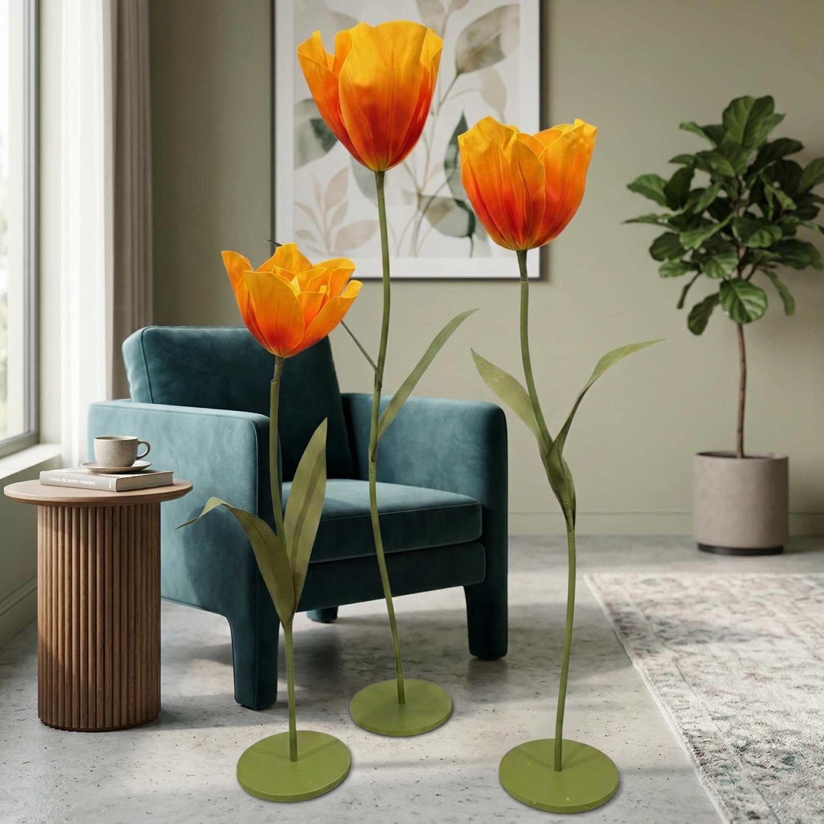 Große Blumen für Dekorationen, Riesige künstliche Blumen, 3 teiliges stehendes Blumenarrangement mit Sockel für Hochzeiten, Schaufensterdekorationen, Fotoshootings, Gelb orange Riesenblumen, Groß
