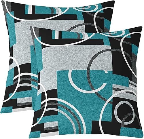 Juego de 2 fundas de almohada modernas color turquesa de 20 x 20 pulgadas, con círculos geométricos para cama, sofá, fundas de cojín negras y