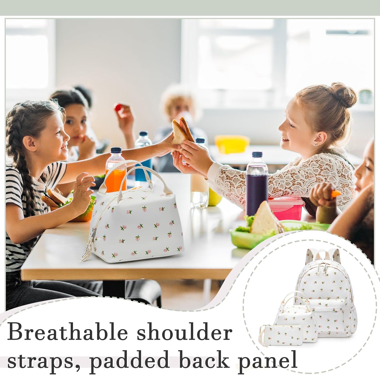 Zeyune 3 Pcs Waterproof Flower Backpack Set Christmas Gifts for Girls Students Teen Including School Bookbag Lunch Bag and Pencil Case Lightweight Floral Knapsack for Primary Middle High School Travel - Image 7