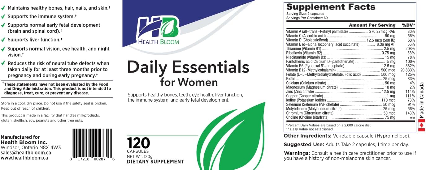 Daily Essentials for Women| 120 Capsules | Health Bloom | Vitamins and Minerals Capsules |