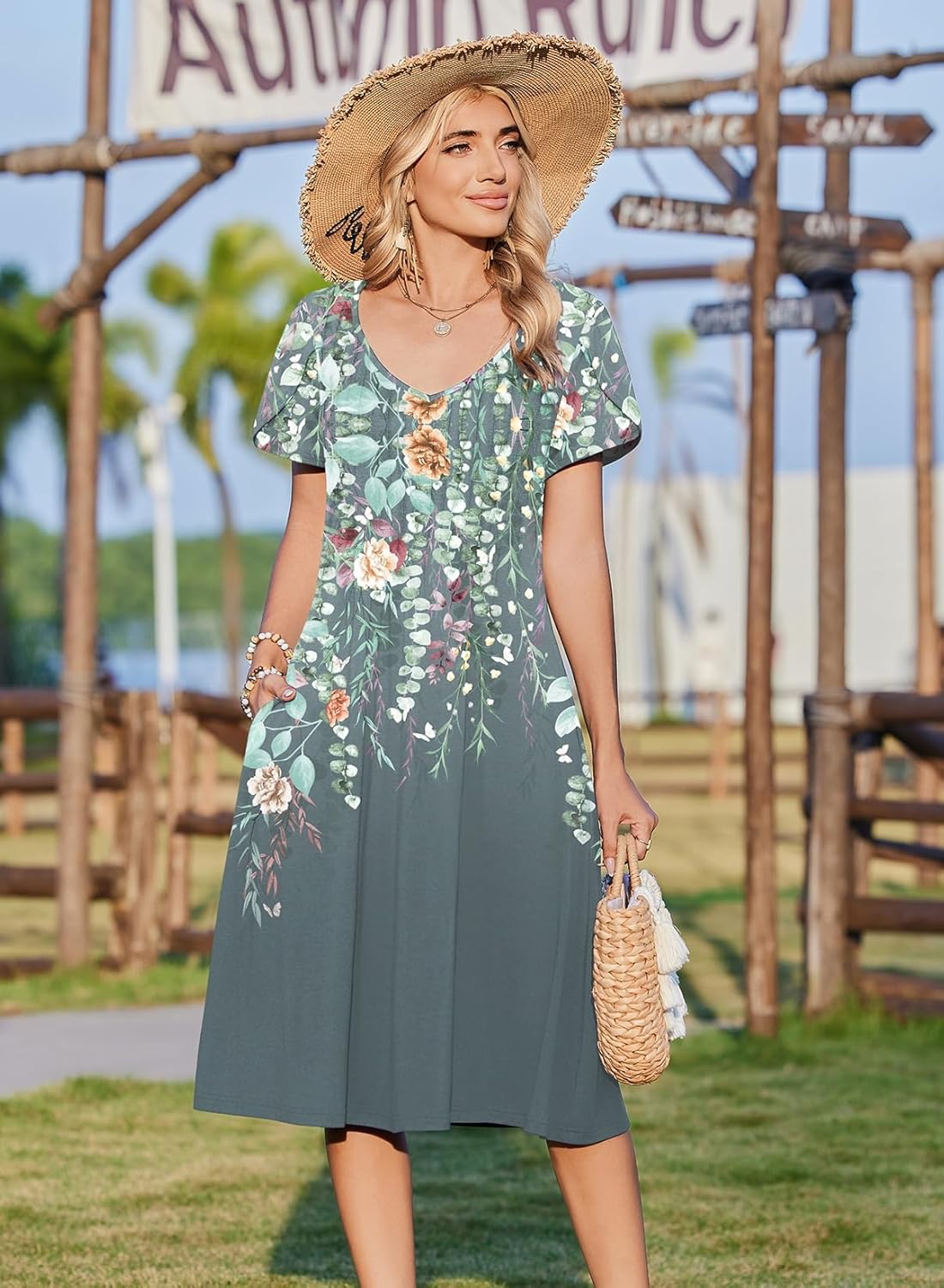 Zeagoo Women Midi Dresses for Summer 2026 Short Sleeve Casual Flowy Dress A Line Pleated V Neck Beach Sundress with Pockets - Image 3