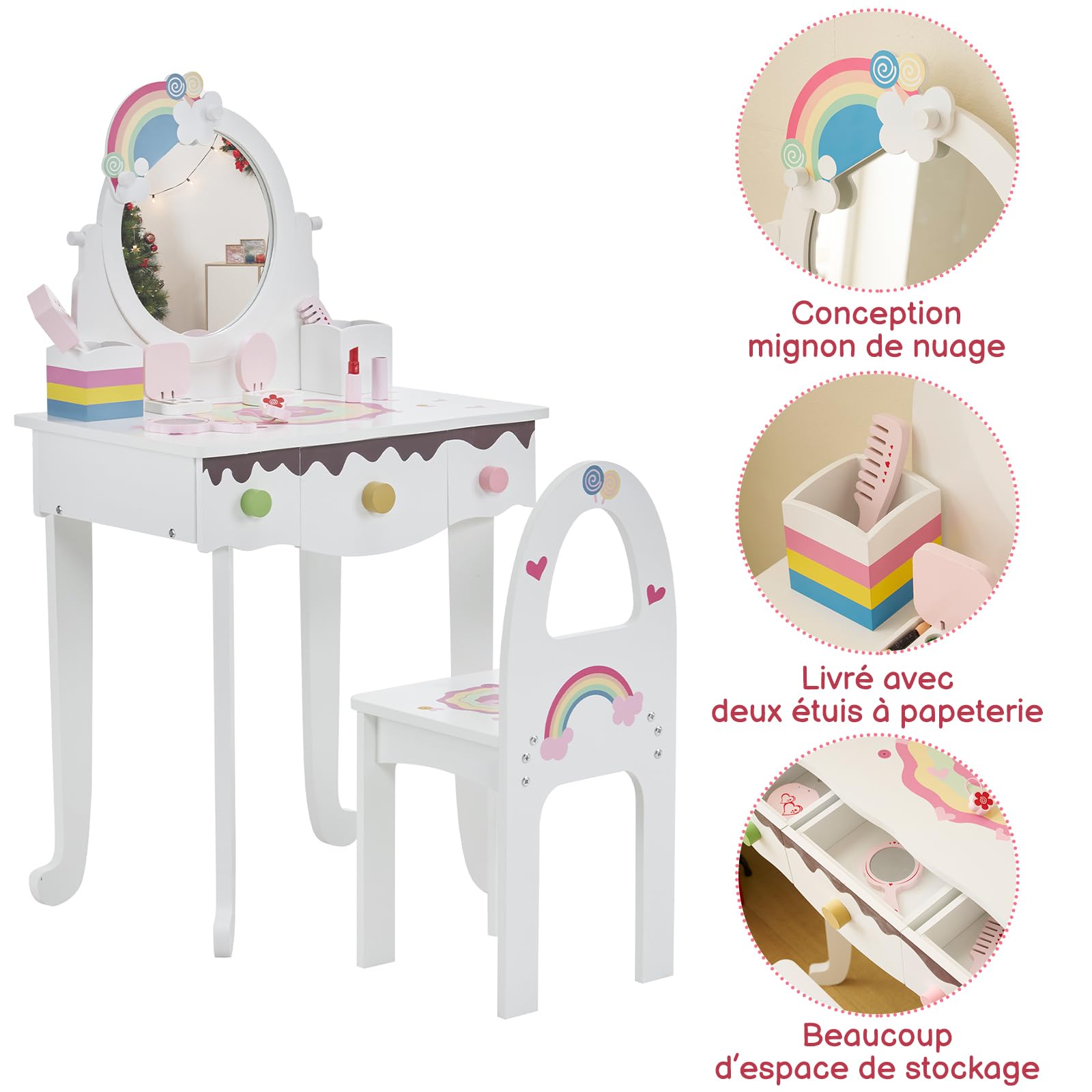 LALAHO Coiffeuse pour Enfants avec Miroir à Trois Volets, Tabouret et 7 Accessoires de Maquillage Jouet (Blanc)