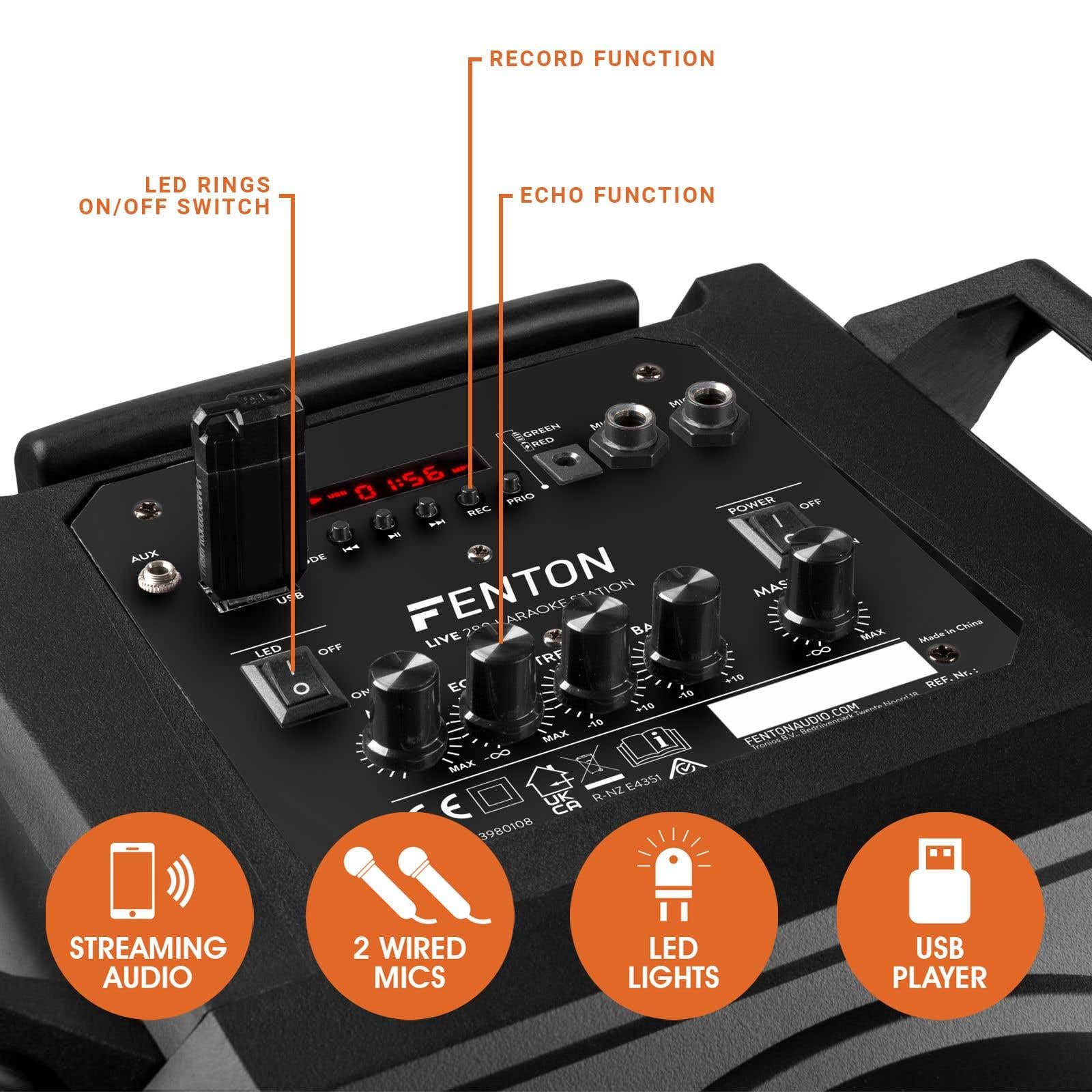 Fenton LIVE280 Karaoke Anlage mit 2 Mikrofonen, Akku - 900W, LED Partybox Bluetooth Lautsprecher Groß, Musikbox Groß, Mobiler Party Lautsprecher, Karaoke Maschine, MP3 - USB - SD - Schwarz