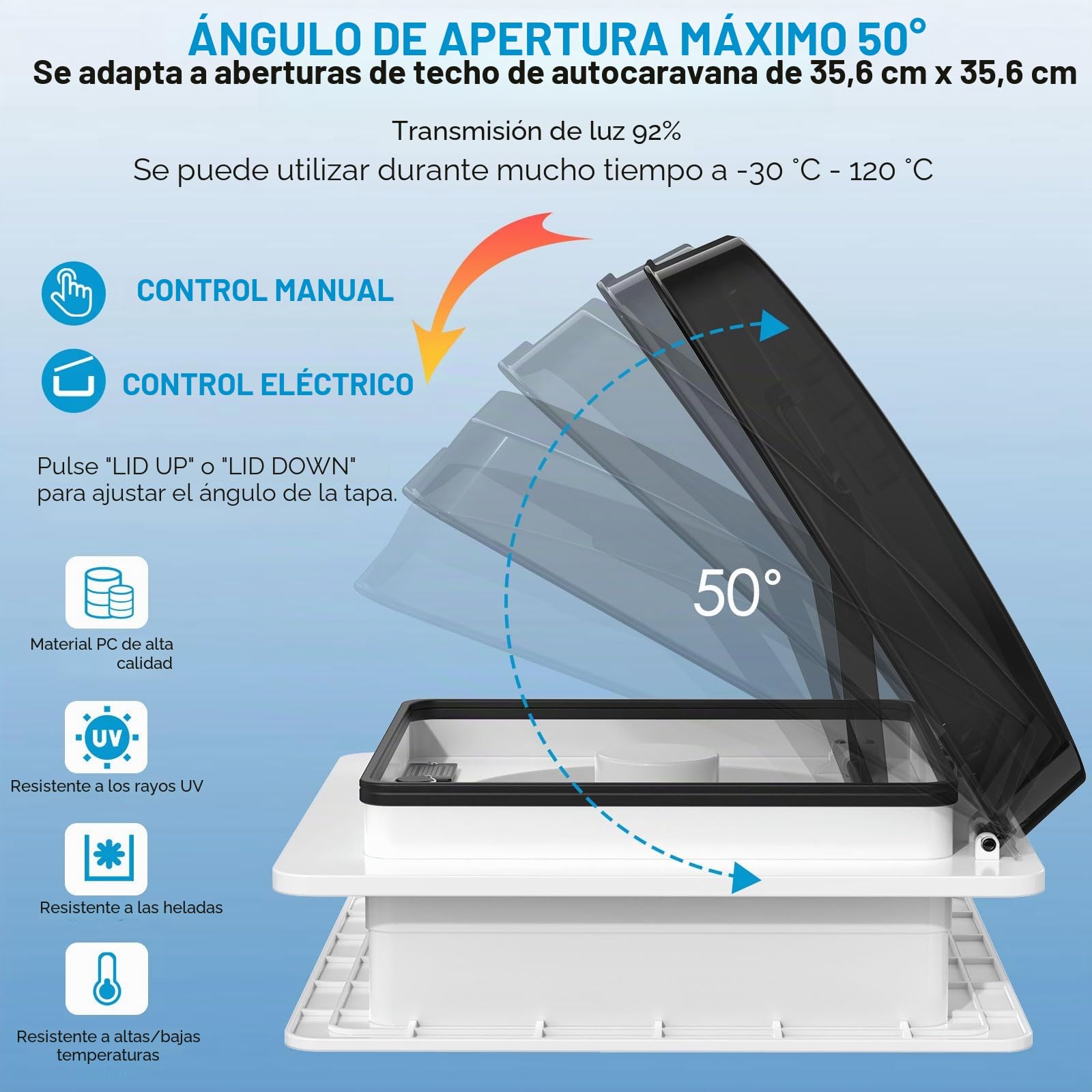 2012 Ventilador de ventilación de techo para caravanas, Nivel de ruido ultrabajo de escape reversible con sensor de lluvia, ventilador permanente de nivel automático para autocaravana camper