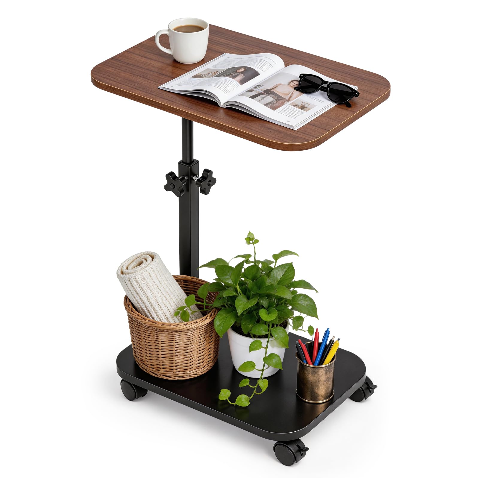 Side Table with Wheels, C-Shape Sofa Desk Height Adjustable Swivel Sofa Table 360ยฐ Rotating Tray Space-Saving Coffee Snack and Bed End Table for Living Room Bedroom Bedside Couch (Brown)