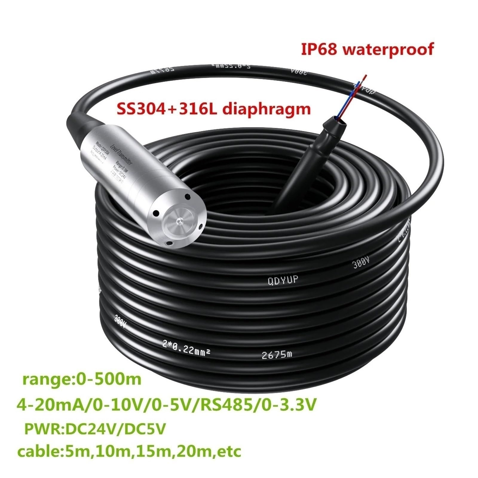 Trasmettitore sensore livello liquido 4-20mA 0-10V 0-5V Sonda 1m 2m 300cm 5m 10m 15m Trasmettitore di livello idrostatico for serbatoio acqua DC10-36V(0-5V output,15m Range 15m Cable)