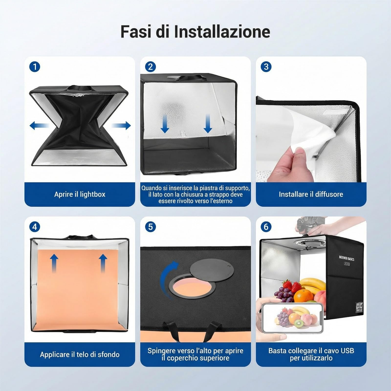 NEEWER BASICS Light Box Fotografico Bicolore da Studio, 30x30cm Scatola Fotografica Pieghevole con 6 Sfondi Colorati, 120 LED CRI95+ Dimmerabile per Fotografia Gioielli Elettronica Cibo Tavolo, LB30B