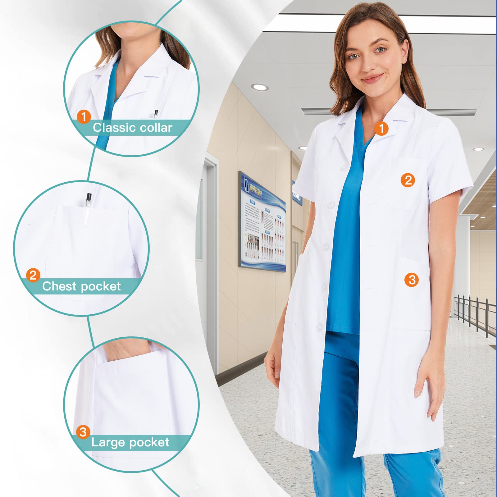 niaahinn Professionals Scrubs Lab Coats for Women Unisex Doctor Workwear (Short Sleeves,L)