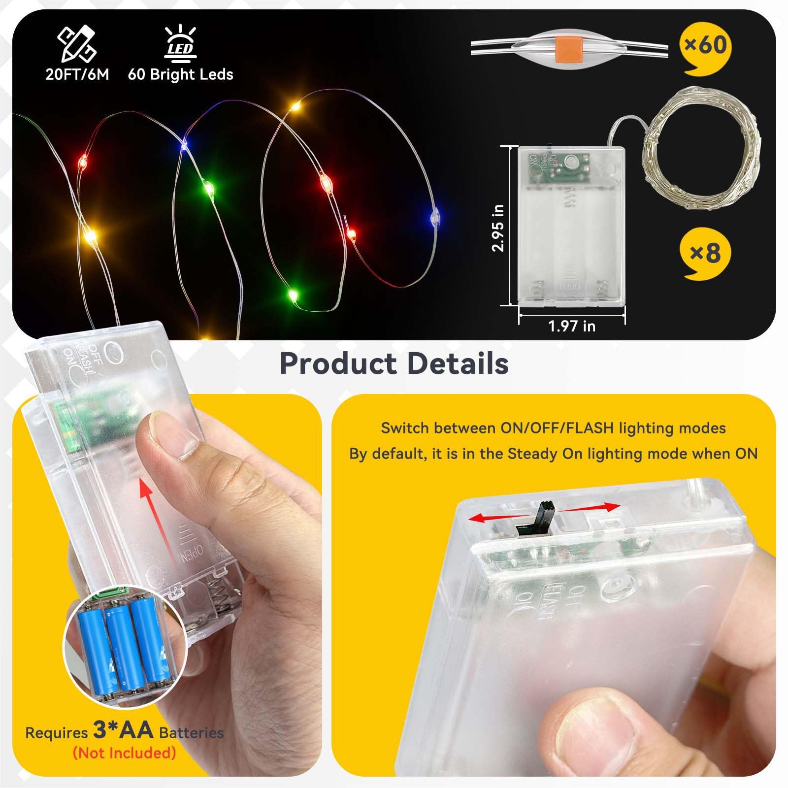 LitHome Lot de 8 guirlandes lumineuses multicolores à piles, 6 m 60 LED scintillantes à piles, 2 modes, étanche, pour intérieur et extérieur, Noël, mariage, chambre à coucher