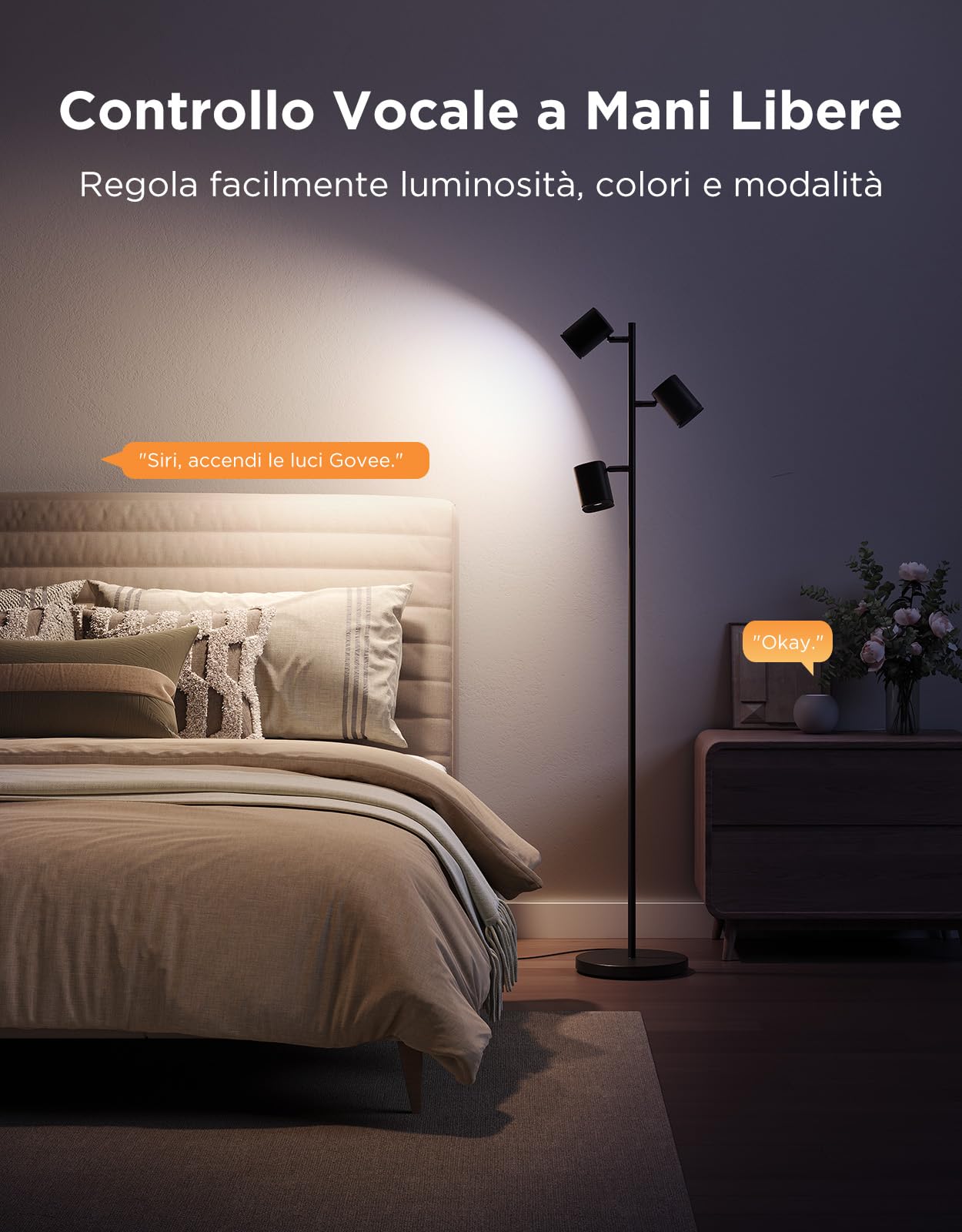 Govee Lampada da Terra LED Angolo Regolabile, RGBWW Lampada 3-Teste 1500lm | 2700-6500K, Matter Alexa Compatibile, 64 Scene, Sinc Musica, Lampade da Terra Nere 157cm per Soggiorno, Camera da Letto, Sala
