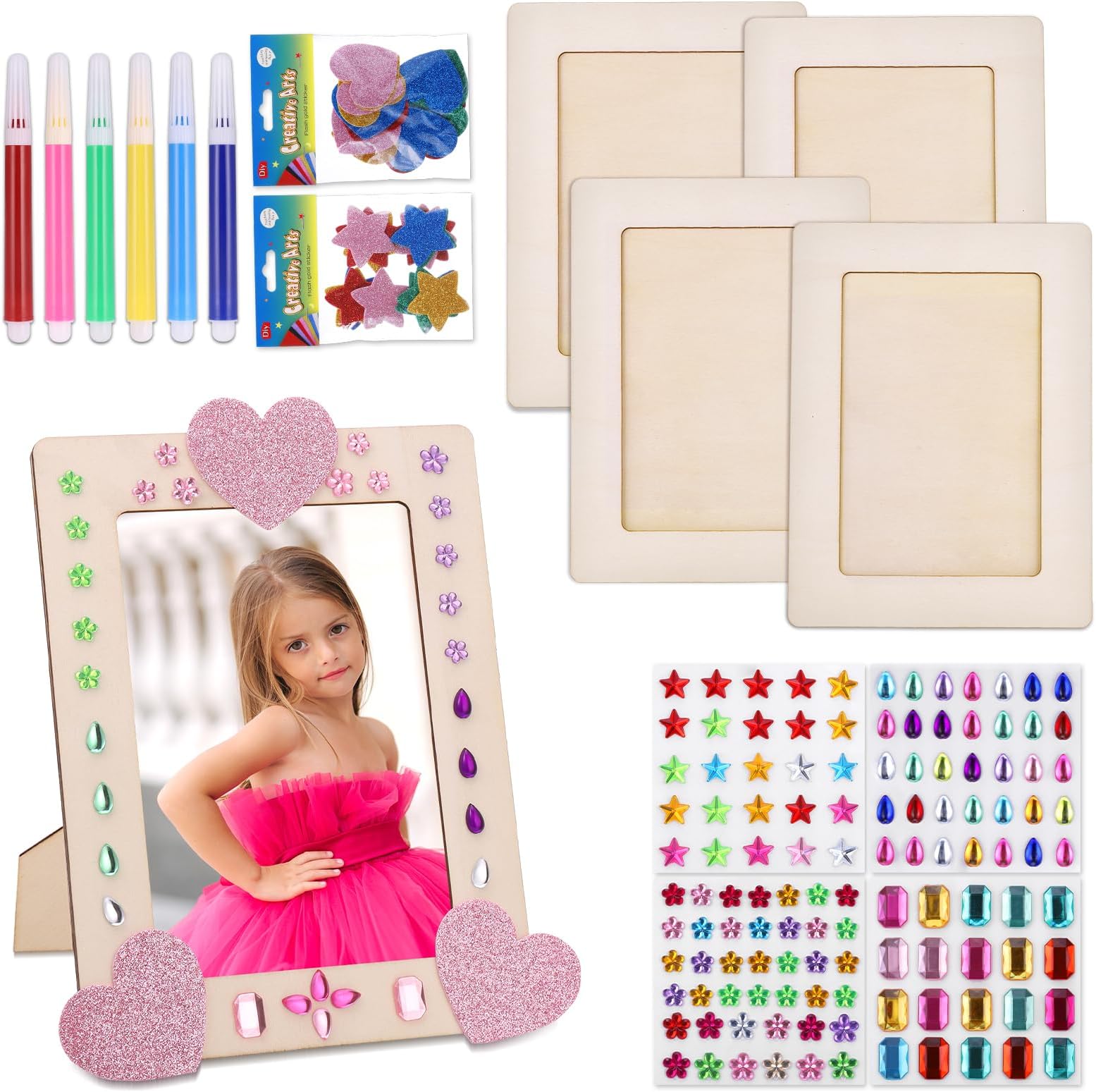 Fentar DIY Kids Photo Frame, 4Pcs Wooden Kids Art Frame Set with Glitter Stickers and Color Pens, Craft Photo Frames to Decorate, Paint Your Own Sets Picture Frames Kits DIY Craft for Kid Gift