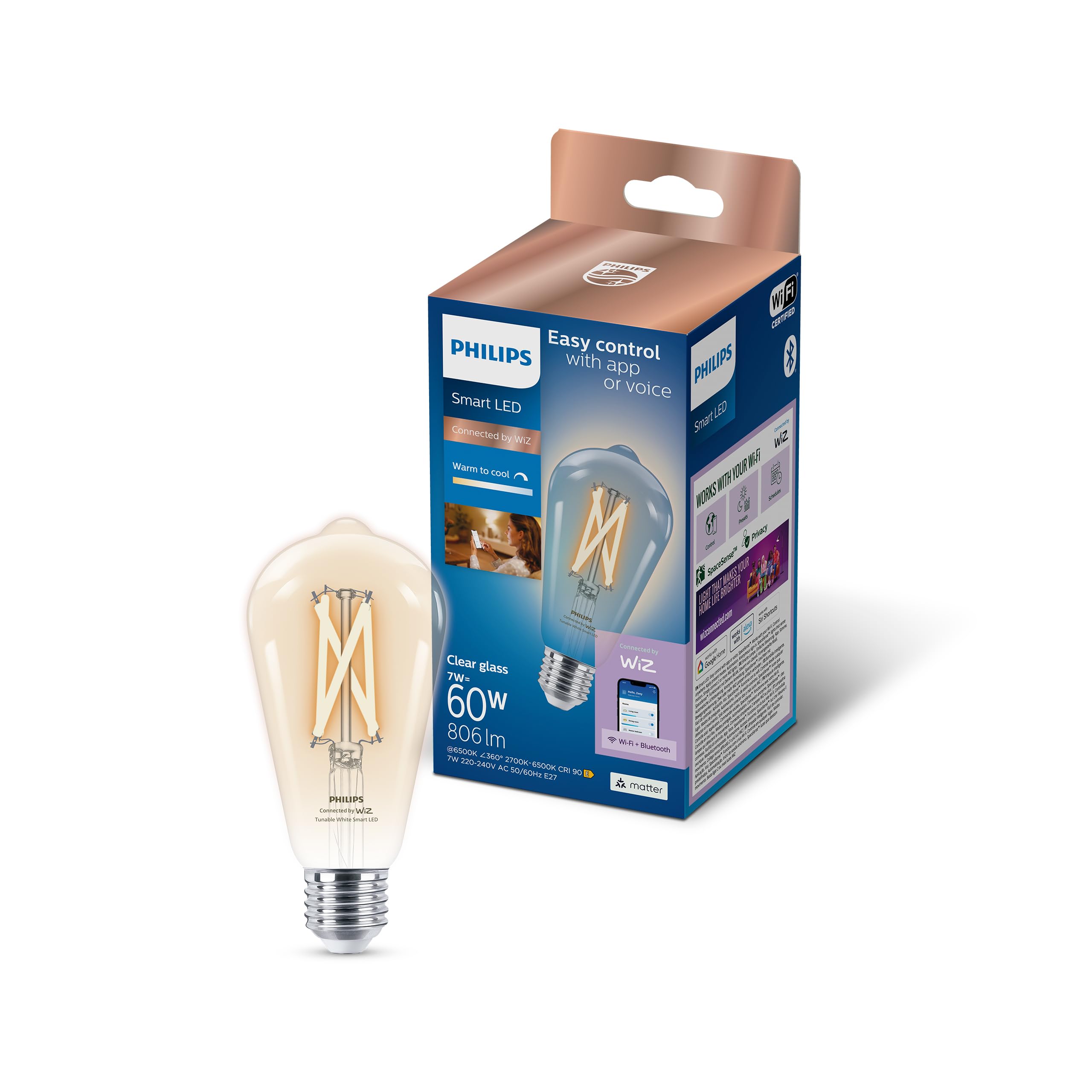 Philips Smart Lighting, Smart LED Filament ST64 Bulb, E27 Base, 806 lm, Tunable White Light 2700-6500 K, Low Dimming, Connected by WiZ, Alexa, Google Home, Apple Home