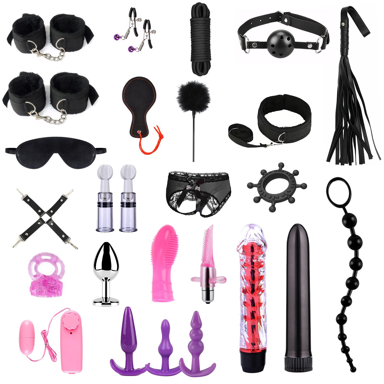 Kit BDSM Bondage 26 Pièces Qoosea pour Couples Menottes Réglables Entraves Cheville Collier avec Set de Plug Anal Pinces à Tétons Fouet Cache-yeux Boule Baillon Jouets Vibrants pour Jeu Sensuel Adulte