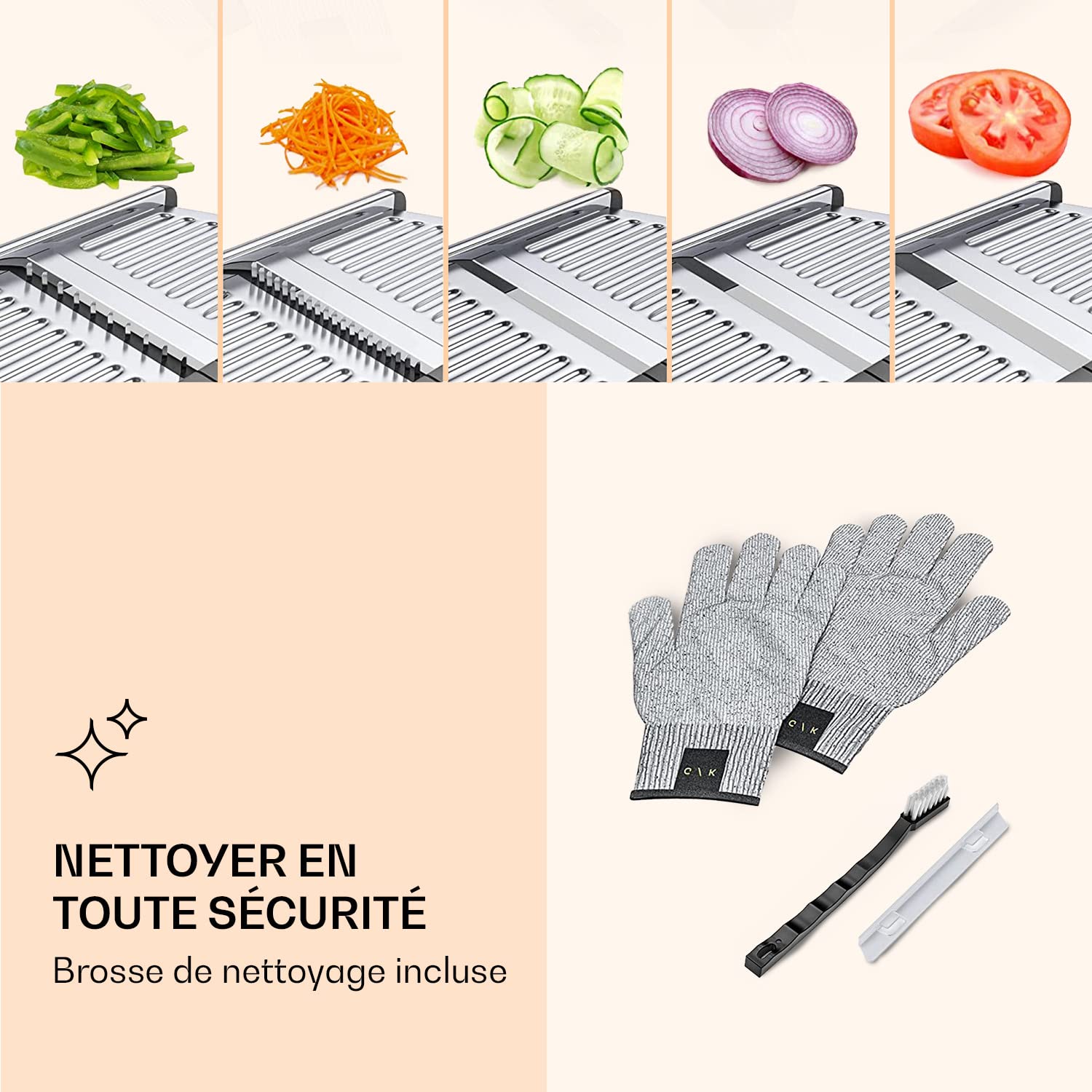 Gramercy Kitchen Co. Mandoline réglable en acier inoxydable Livré avec une paire de gants résistants aux coupures hachoir à légumes hachoir à oignons trancheuse de pommes de terre frites julienne