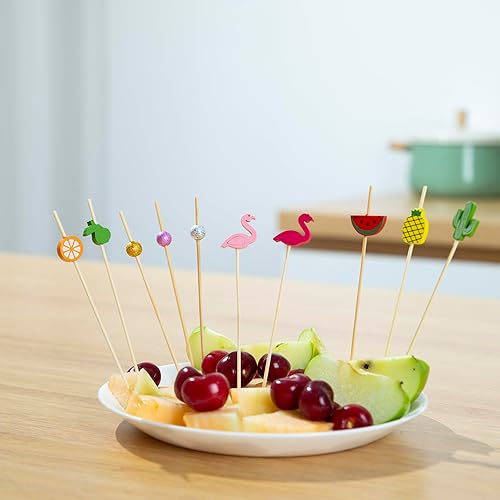 Miniatura 8 de PARTYHIPPO Paquete de 200 palillos de cóctel de bambú  Palillos de frutas tropicales de 4.7 pulgadas para aperitivos, frutas, queso, bebidas,