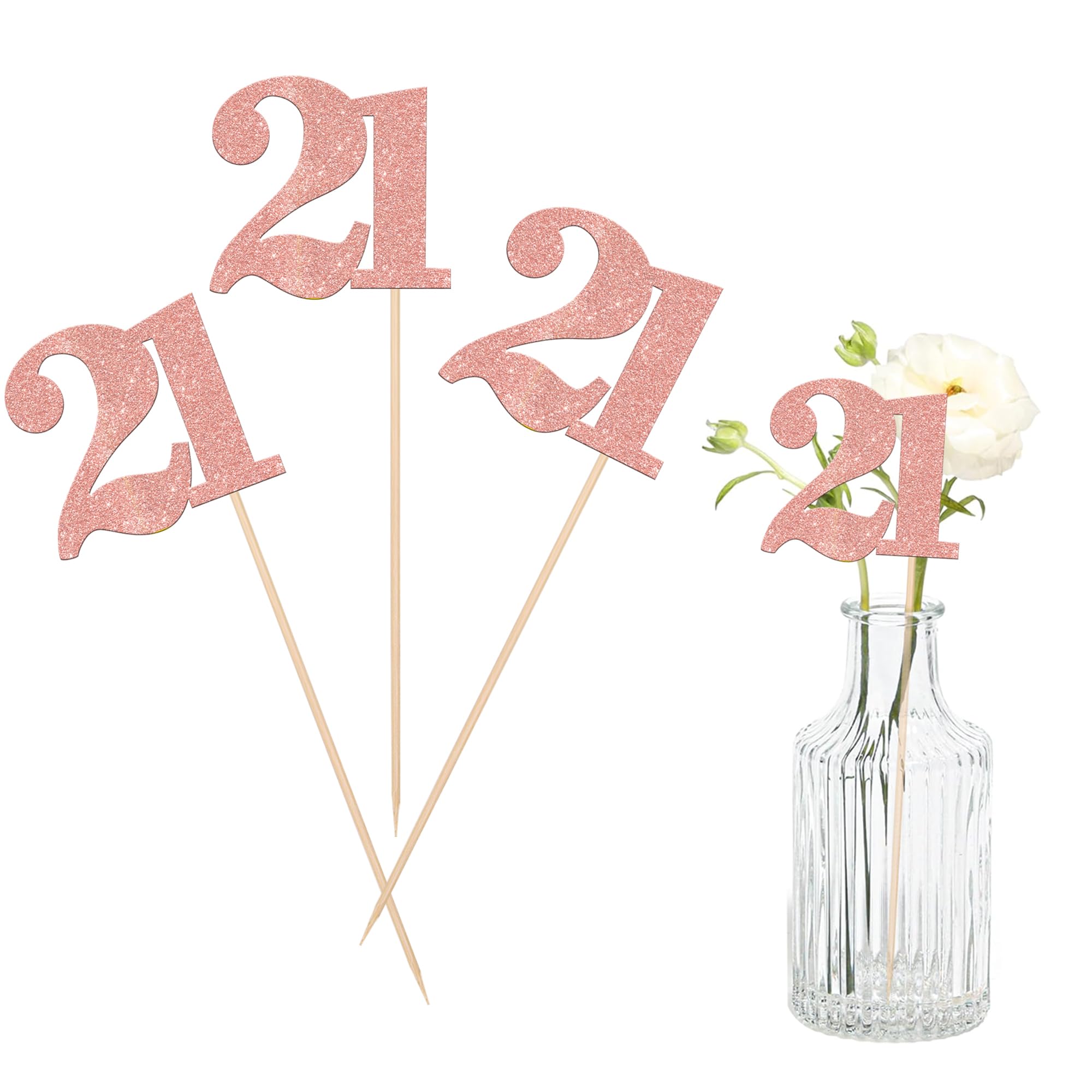 12 PCS Glitter 21st Birthday Centerpiece Sticks Number 21 Cake Toppers Twenty One Table Flower Topper Decorations for 21st Birthday Anniversary Party Centerpiece Supplies Rose Gold