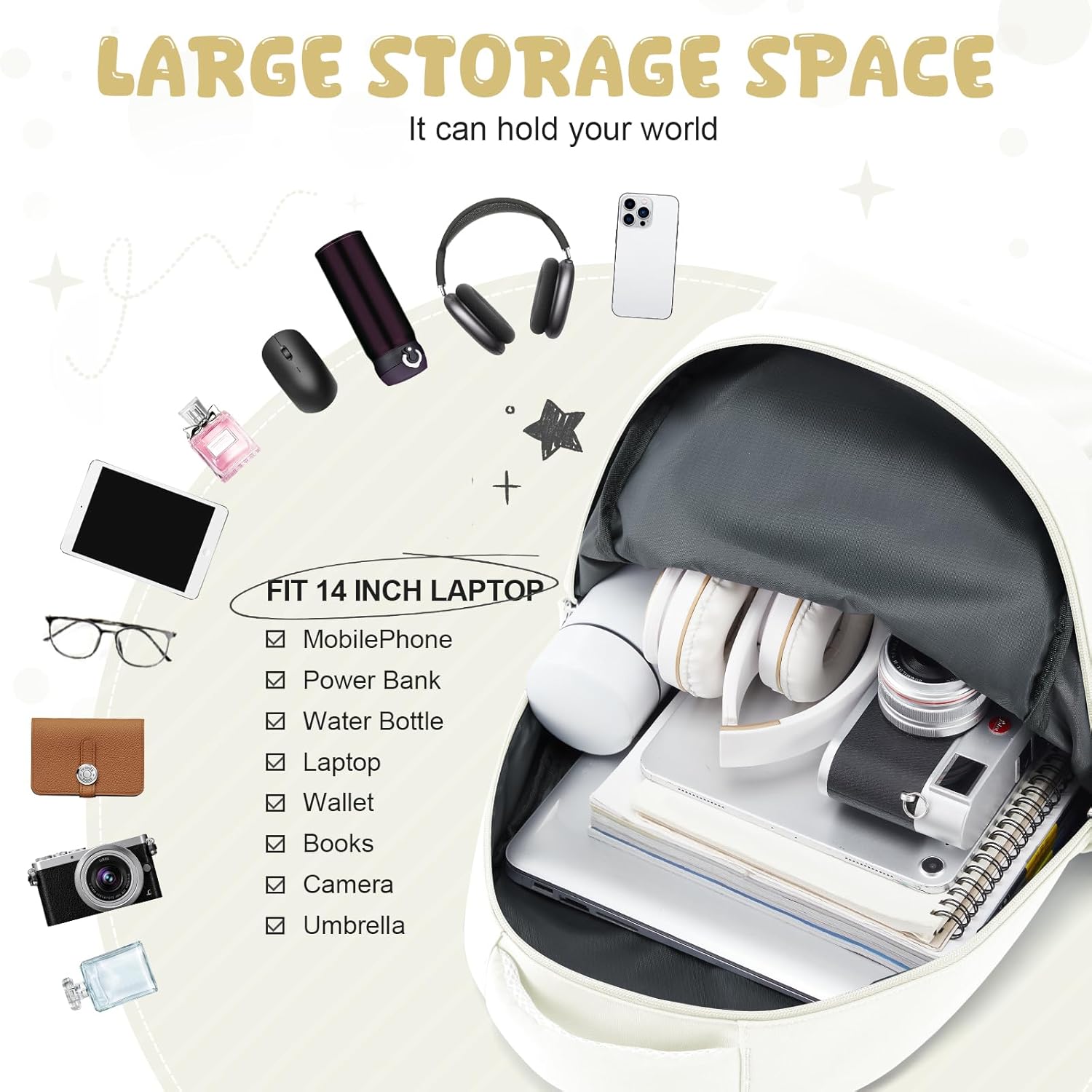 winspansy Small Backpack For School Girls Boys Aesthetic Lightweight Travel Daypack Simple Cute Backpack For Women Men College High School Bookbag Fit 14 Inch Laptop,Beige - Image 3