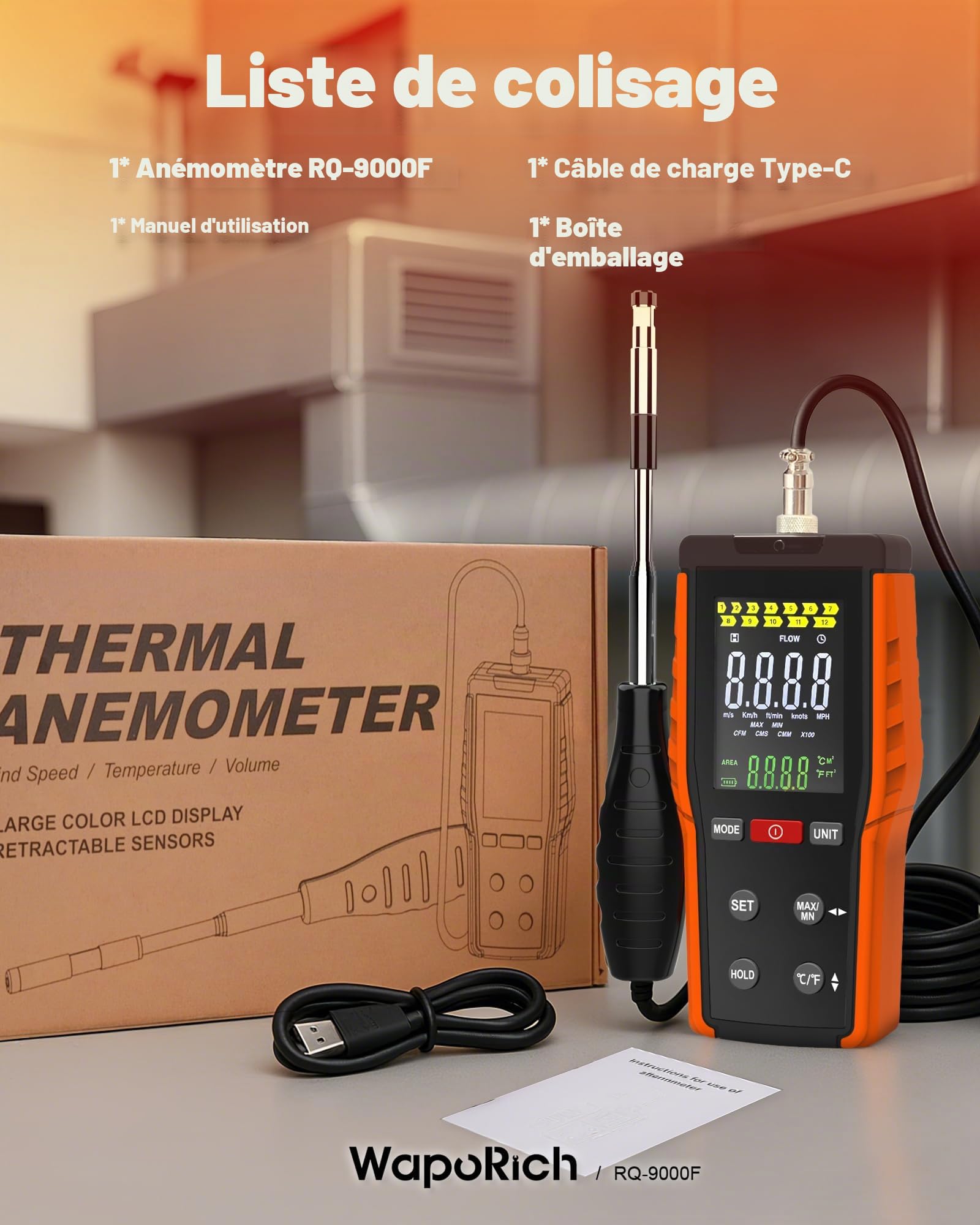 Anémomètre à Fil Chaud, WapoRich Thermo-Anemometre VMC Portable, Mesure Vitesse du Vent 0,1-30 m/s, CFM/CMM/CMS 0–999900, avec MAX/MIN pour Conduits HVAC - RQ-9000F