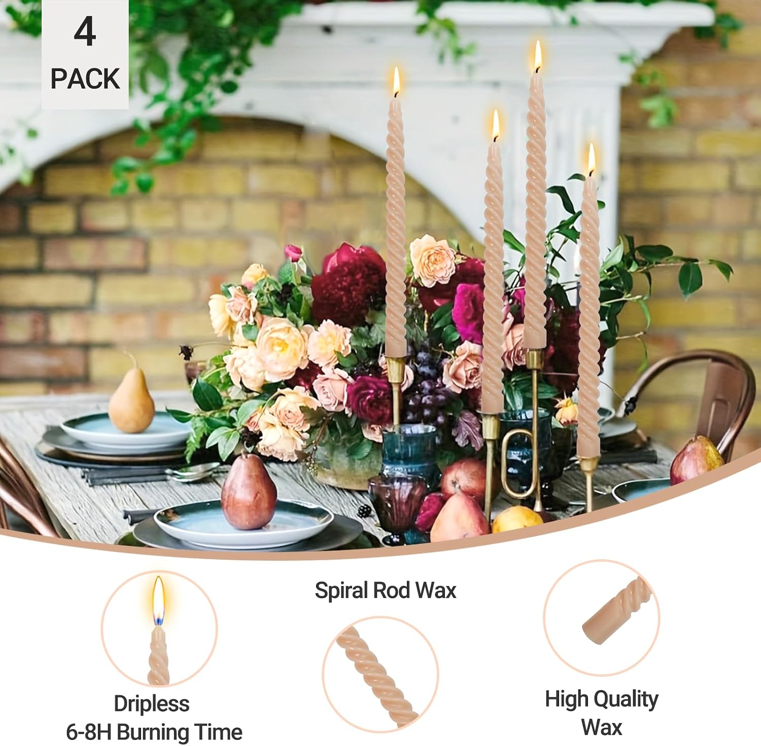 Light-Mocha Spiral Taper Candles for Home Decoration, 4 Pack 10 Inch Candlesticks for Dinner Party Holiday Birthday Celebration, Dripless and Smokeless