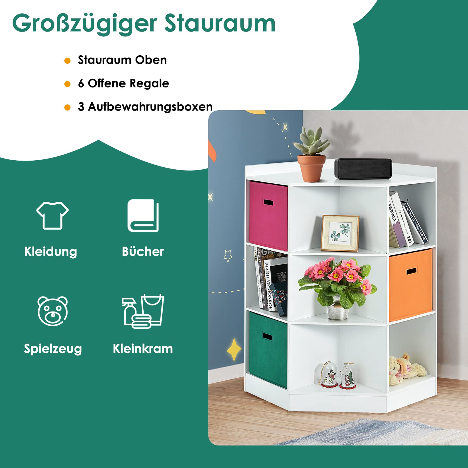 DREAMADE Kinderregal mit 9 Ablage und 3 Stoffbox, Aufbewahrungsregal Bücherregal für Kinder, Spielzeug-Organizer, Spielzeugregal für Kinderzimmer Spielzimmer und Kindergarten (Weiß, 9 Ablage)