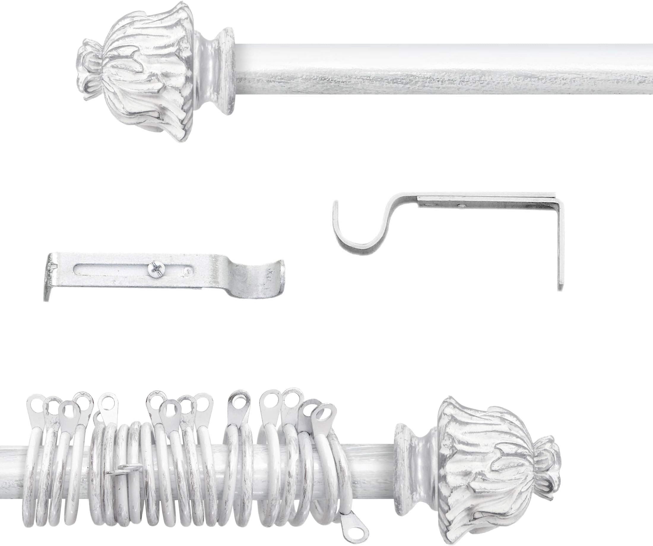 AT17 Shabby Chic Farmhouse Extendable Curtain Rod - Curtain Pole Rail - Vintage - 120-210 - Diameter 2 cm - White/Silver - Metal