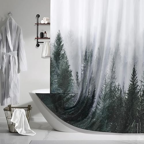 Miniatura 7 de ORTIGIA Cortina de ducha de 78 pulgadas para baño, juego de cortina de ducha de bosque natural con ganchos, cortina de baño decorativa con niebla